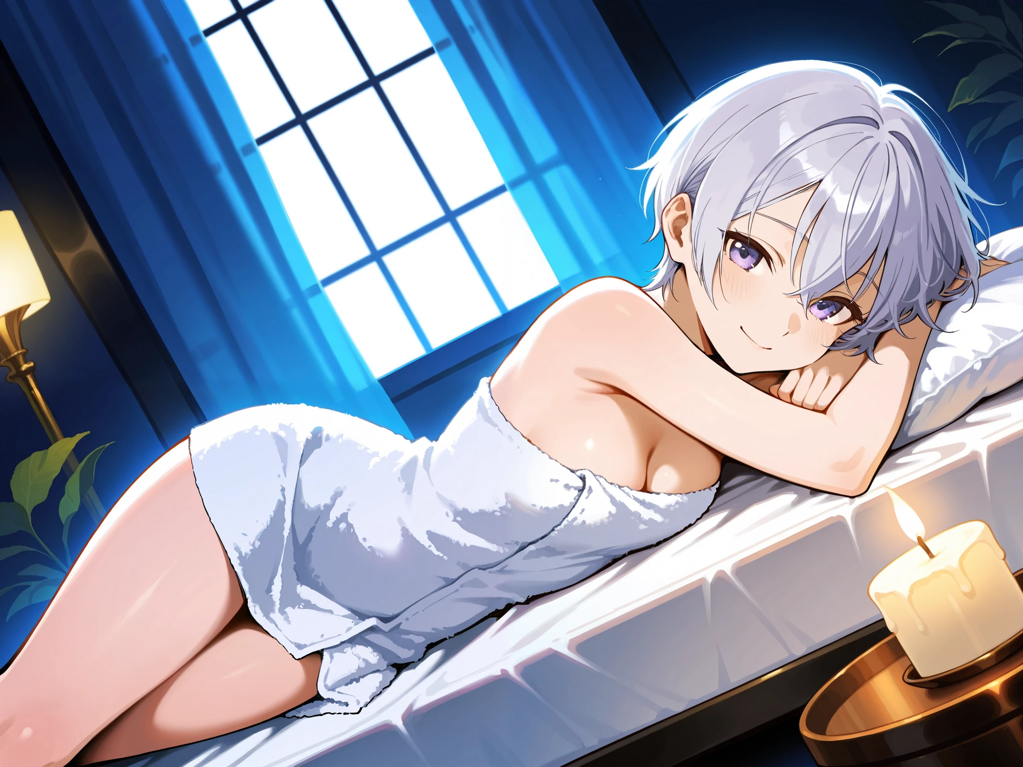 (score_9, score_8_up, score_7_up), source_anime, absurd_res, white, blue, black, 1girl, solo, super fine illustration, an extremely delicate and beautiful, best quality, masterpiece, 8K, extremely cute, young adult, short silver hair, gentle purple eyes, blissful expression, serene smile, voluptuous figure, perfect proportions, anatomically correct, detailed beautiful face, wrapped in white spa towel, lying on massage table, relaxed pose, luxury spa interior, scented candles, ambient lighting, aromatherapy diffuser, stylish modern decor, soft white curtains, orchid flowers, dramatic angle, official art style, perfect composition, soft lighting, depth of field, peaceful atmosphere, gentle shadows, wellness mood