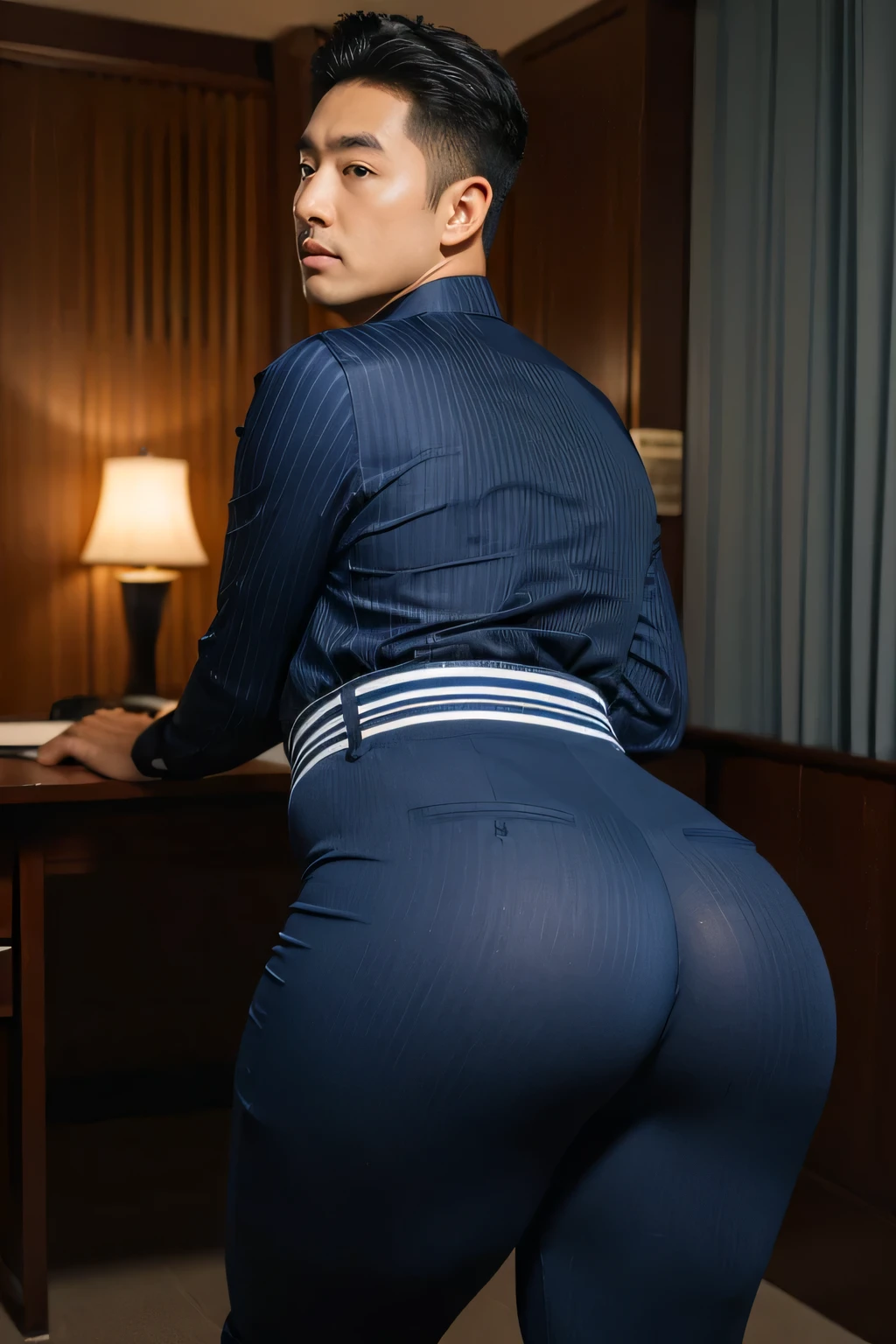 40-year-old boy ,Korean bulky male officer ,Wear navy blue police uniform shirt................ pinstripe navy blue smooth tight trouser, transparent pants obvious underwear print ,((unrealistic super big tight butt wearing pants)), legs wide open, legs on shoulder, missionary POV, men drooling ,8K,Cinematic lighting effects,Textured skin,best qualtiy