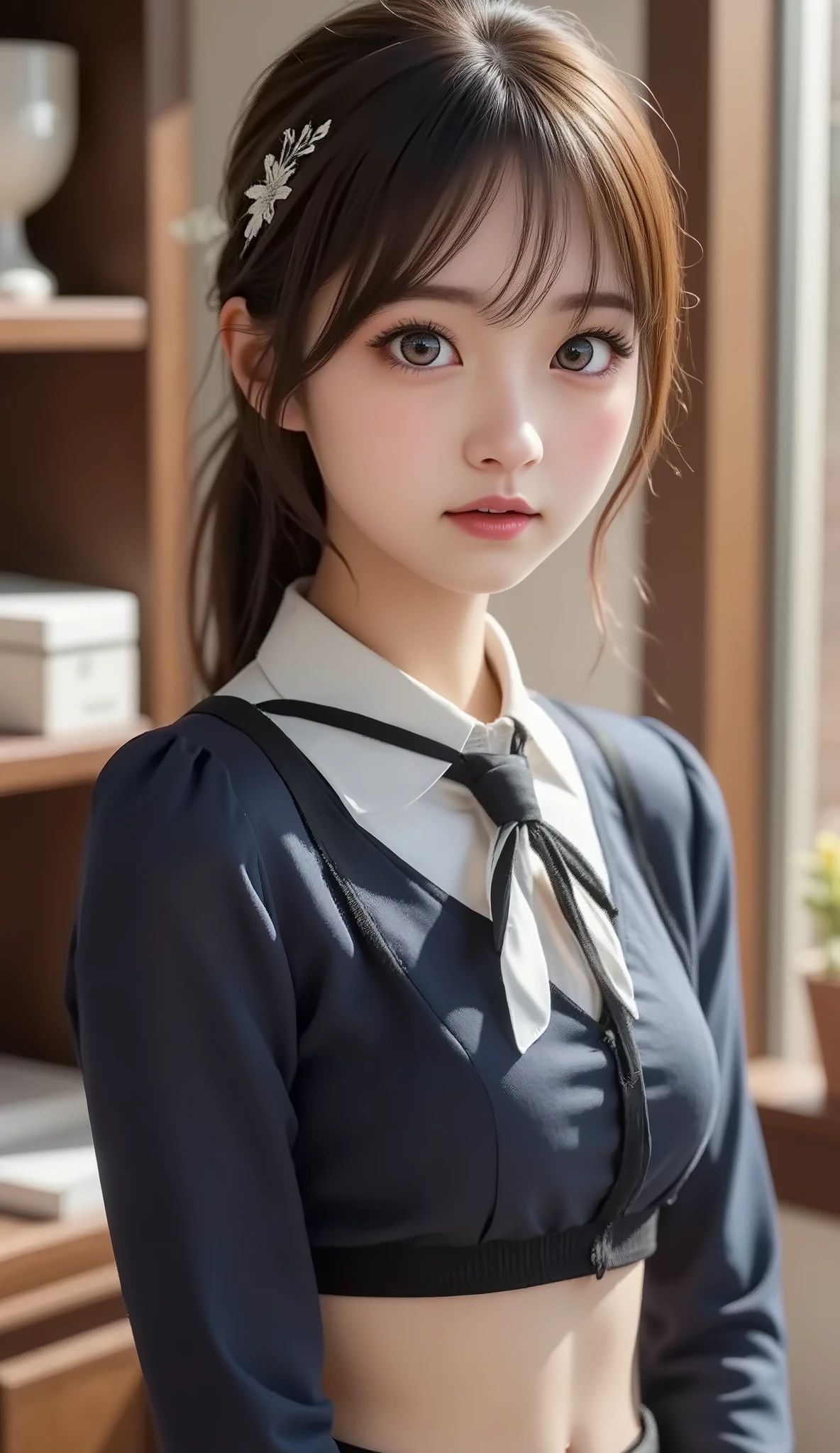 (((masterpiece))),(((High resolution)))、(((8K)))、(((perfect face)))、(((beauty of japan)))、20 years old、(((beautiful face))), (((business shirt and tie and business pants))), top quality eyes, detailed texture, look at the camera, big tits, ((high resolution face)), ((Braid hair))
