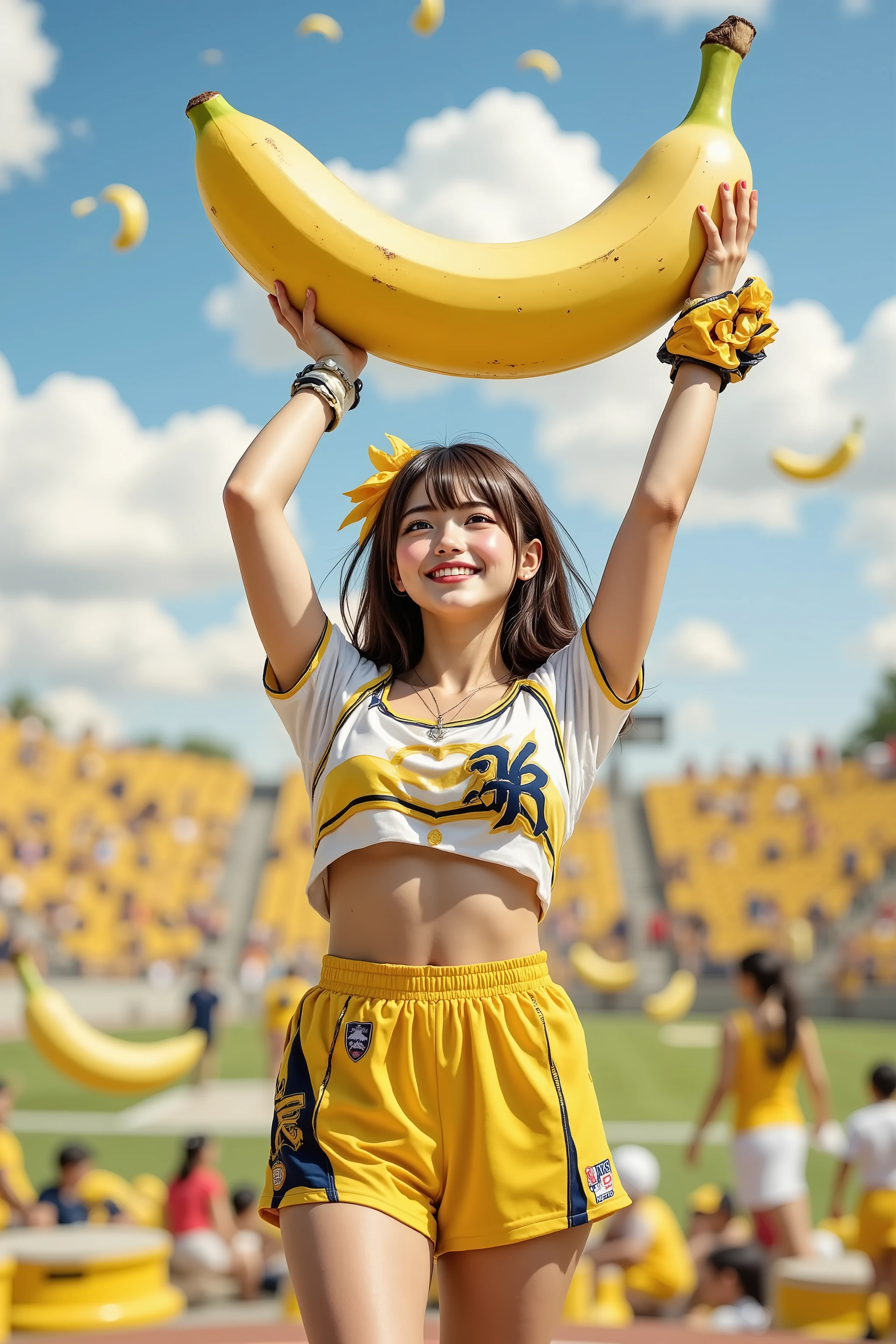 photorealism,1girl\(smily,Looking banana,full body,cheerleaders outfit,(Baseball glove on left hand, hands up,arms raised in air),stunding\), fly 1banana in the sky high position,stadium ground,wide shot and Aerial Shot near by banana,masterpiece, best quality 