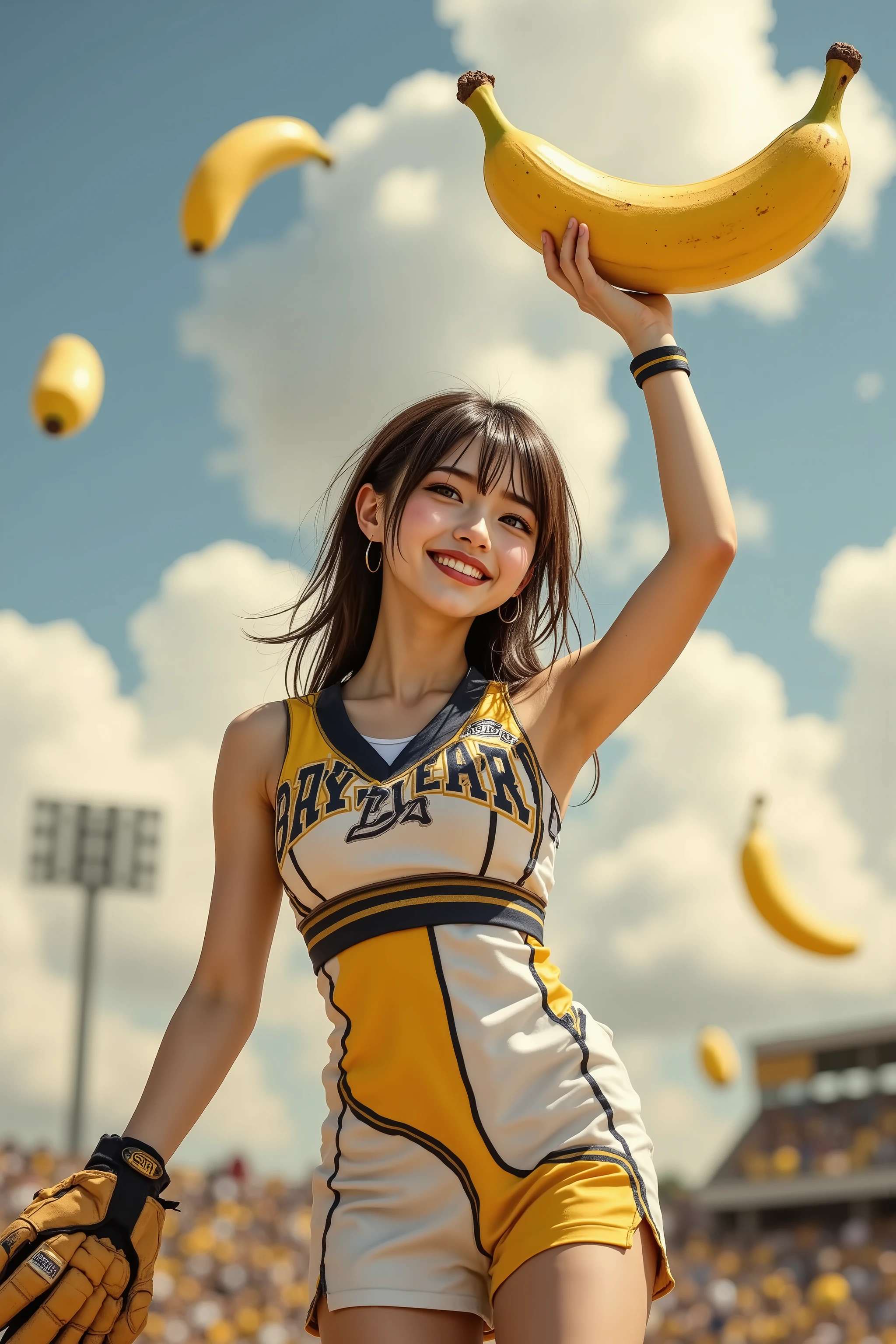 photorealism,1girl\(smily,Looking banana,full body,cheerleaders outfit,(Baseball glove on left hand, hands up,arms raised in air),stunding\), fly 1banana in the sky high position,stadium ground,wide shot and Aerial Shot near by banana,masterpiece, best quality