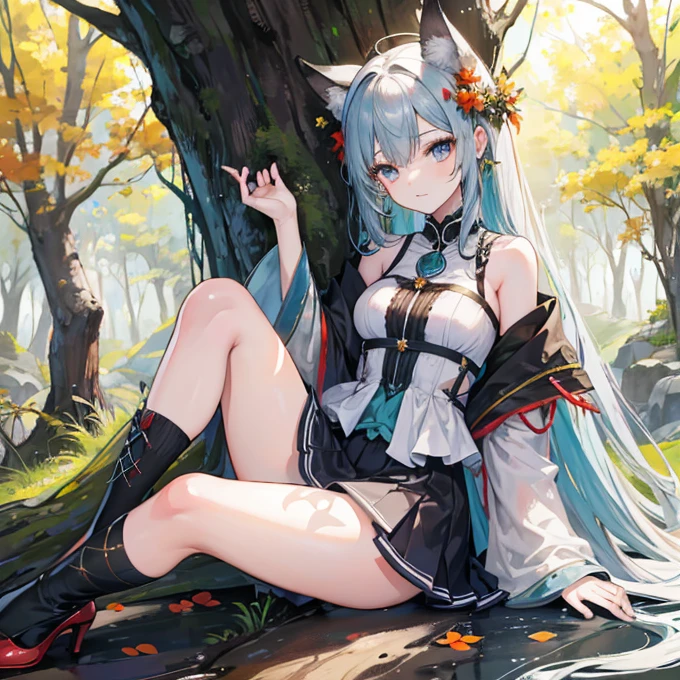 The best quality, Japanese Teen Hatsune Miku x Kitsune , fox face elongated snout add-detail, Surprise face, add heated_detail,, kitsune warrior in the snow add_detail:1, add barefoot_detail:1 mystical aura, sensual jack-o position girl, white slimed