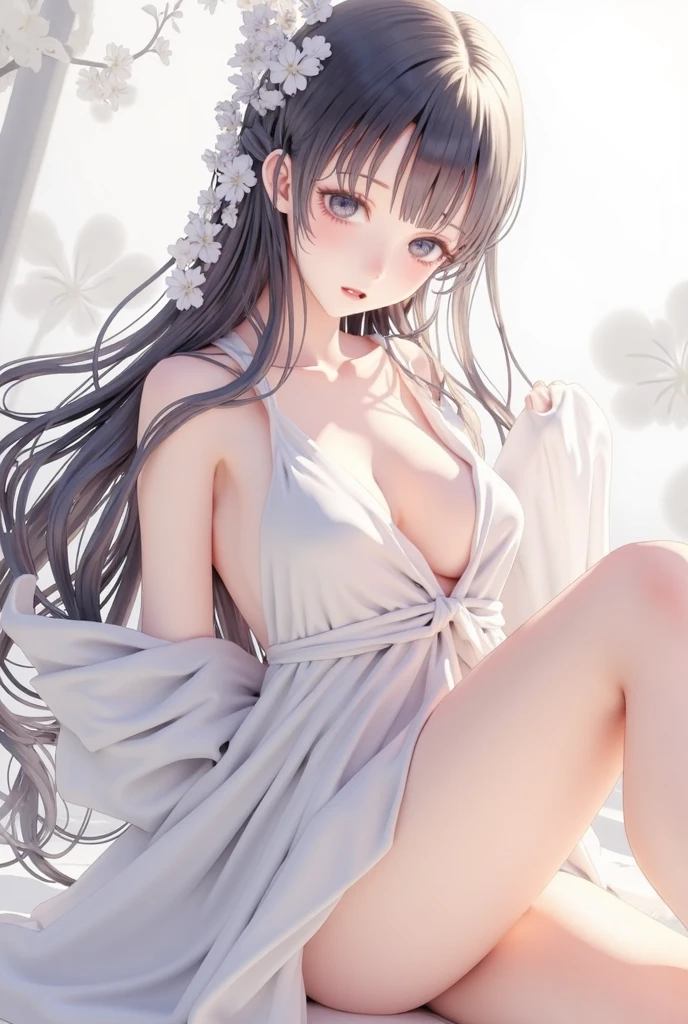 big breasts:1.2、、highest quality、very detailed、Very realistic eye masterpiece、highest quality、very detailed、gray hair、perfect face、long hair、white dress、sundress、anime、countryside、clear、slender、love juice、nsfw、Hard 、from below、masturbation、love juice、Pussy、sticky liquid、Pee、Climax、emissive