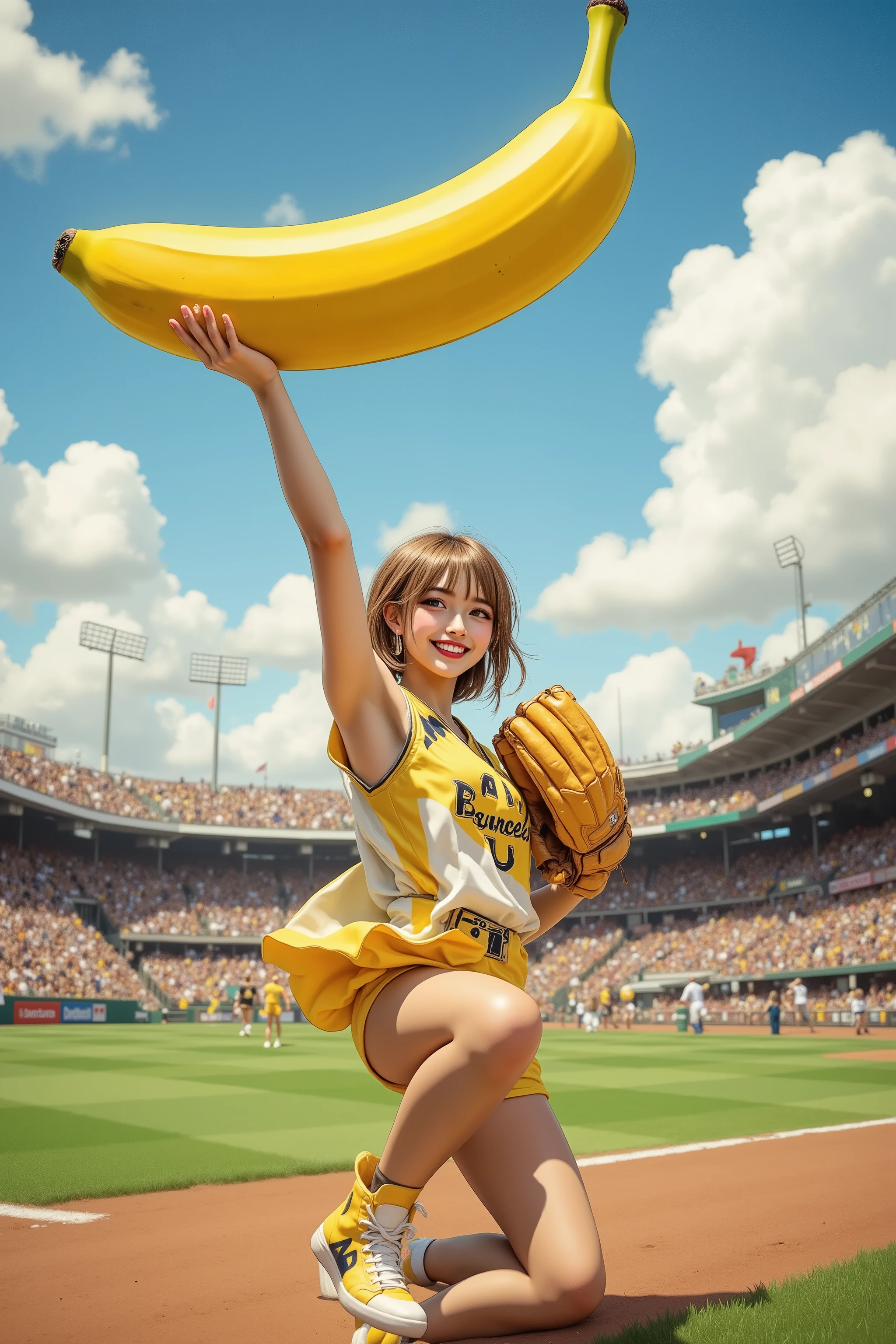 photorealism,1girl\(smily,Looking banana,full body,cheerleaders outfit,(Baseball glove on left hand, hands up,arms raised in air),stunding\), fly 1banana in the sky high position,stadium ground,wide shot and Aerial Shot near by banana,masterpiece, best quality