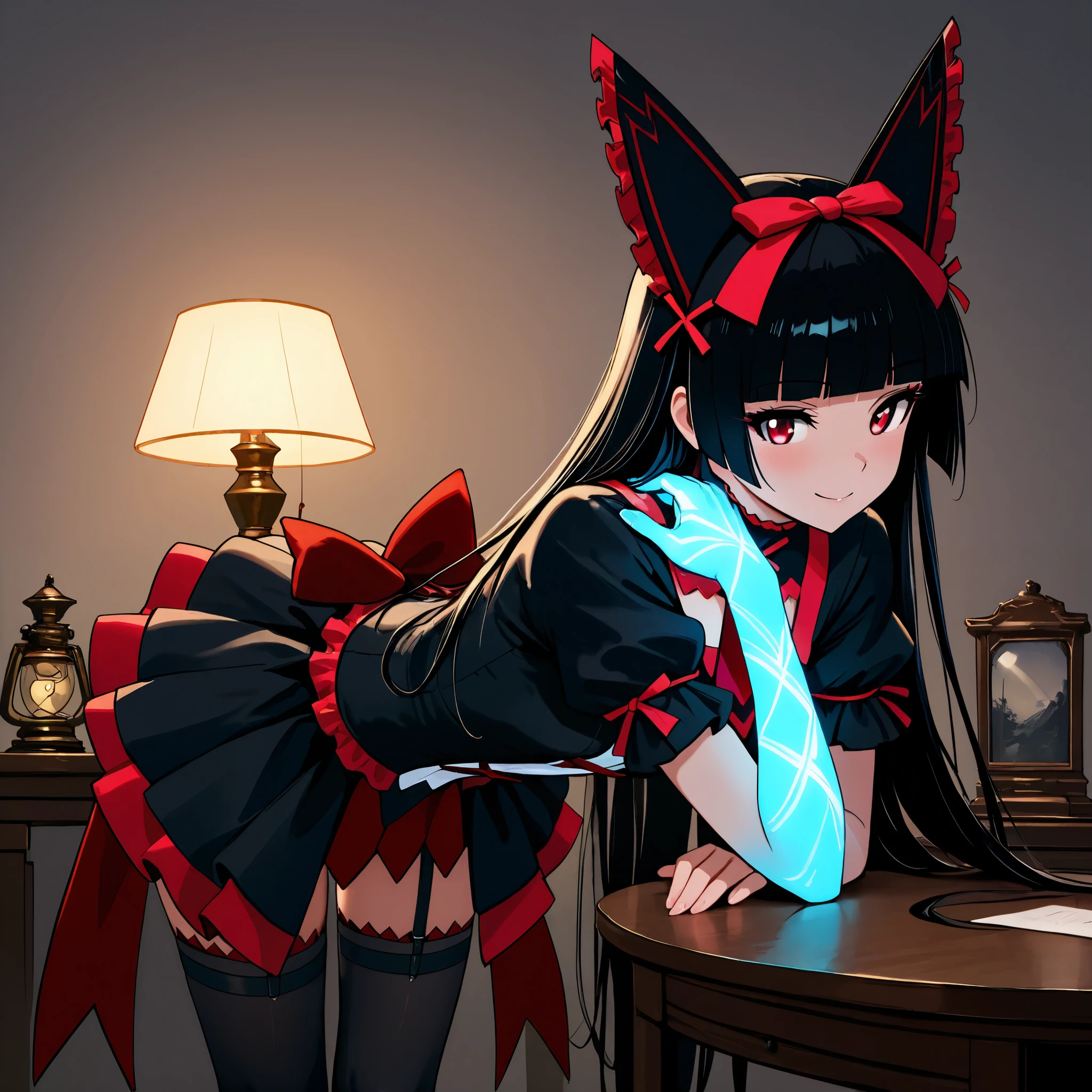 masterpiece, thong, 1 , alone, 21 year old model, eyelash, ( beautiful eyes), ,,, ZRory, Rory Mercury , red eyes, lamp, black hair, unscrewed , hime cut, very lamp, Hair tie , black dress, black tights, Illness, bow, tiro de cowboy, leaning forward, smile, looking at the spectator, glowing skin ,