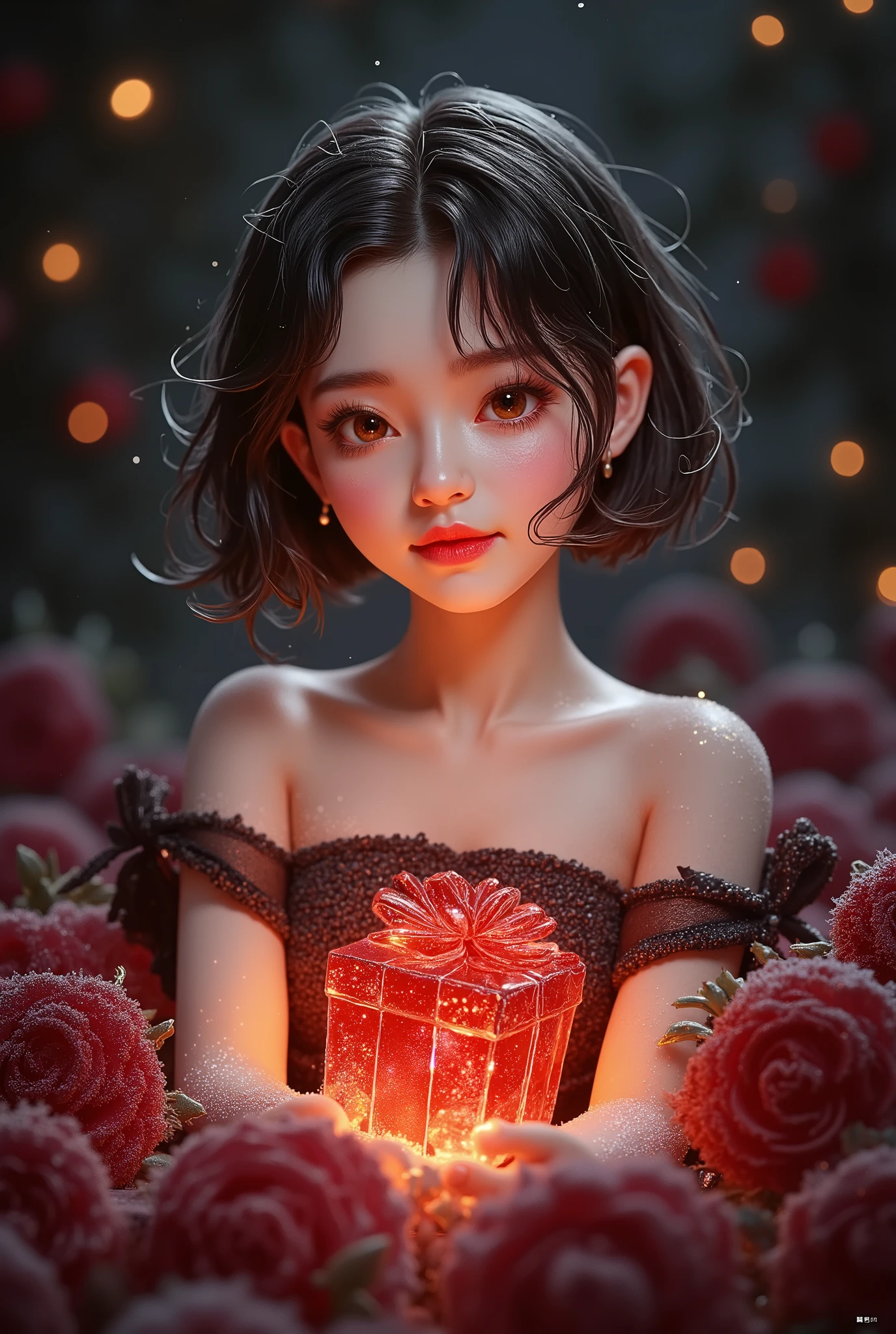 vector art,(Better Quality, overview:1.2),Realist,Illustrator,anime,1 girl, Detailed lips, Black Dress,custom, (Monochrome dark background), Black Dark,  (Black short bob hair:1.75 Neon:1.32),Sharp Eyes, Dark monochrome background ,Accurate hand structure, , it's the valentine day, she wishes every couples to have a good valentine , beautiful background filled with roses, ultra details image , no error with hands and any body parts,