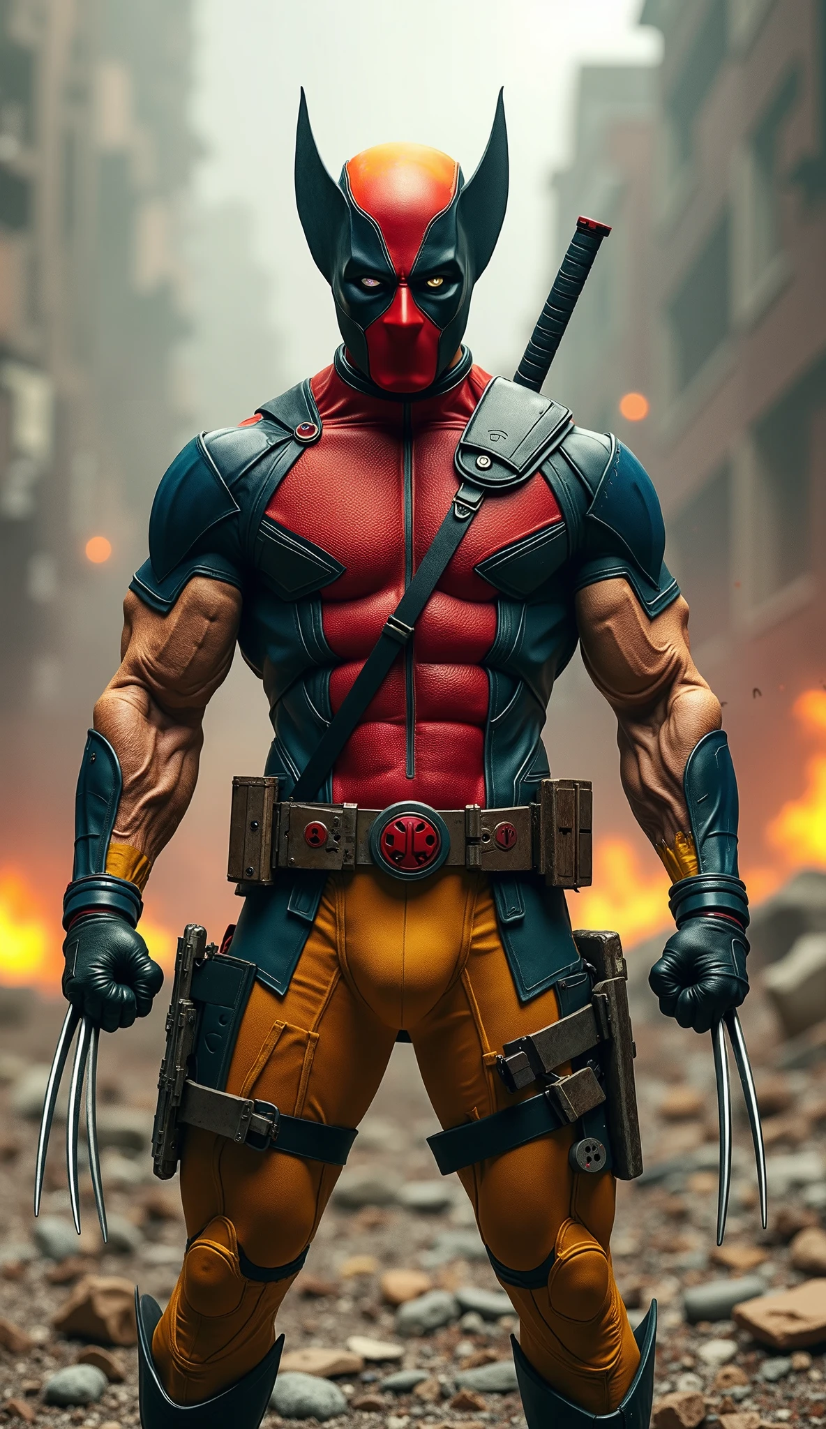 Create a highly detailed and epic hybrid character that perfectly blends Wolverine and Deadpool into one unique being. The character should have Wolverine's muscular build, adamantium claws extending from both hands, and his iconic sideburns, but with Deadpool's masked face (red and black pattern) and a playful, mischievous smirk visible in the eyes. The costume should be a seamless fusion of Wolverine's yellow and blue suit with Deadpool's red and black design, creating a striking and balanced look. The hybrid should have Wolverine's intense, battle-ready stance, but with Deadpool's chaotic energy, perhaps holding a katana in one hand and flexing the claws of the other. Set the scene in a cinematic, apocalyptic environment with dramatic lighting, explosions, and debris in the background, but keep the focus on the character. The hybrid should be looking directly at the camera, exuding a mix of raw power, determination, and unpredictable humor. The overall mood should be epic, intense, and slightly chaotic, capturing the essence of both Wolverine and Deadpool in one unforgettable image.