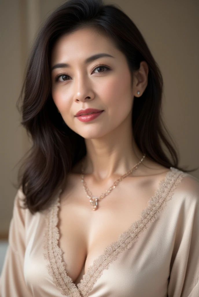 Highest quality, high resolution, Attention to detail, Photorealistic, 彼女はtits, Cleavage, tits, Japanese Goddess, Big Breasts!, have large breasts, Ample breasts, Big Breasts!!, have large breasts, Japanese Beauty, Erika Sawajiri, Slender body, thin, Well-formed face, Long Hair, A little brown hair,Realistic skin feel, Thin eyebrows, Thin, sharp nose, Small face, short chin, dressを着て写真を撮る女性, Hotel, whole body, dress,