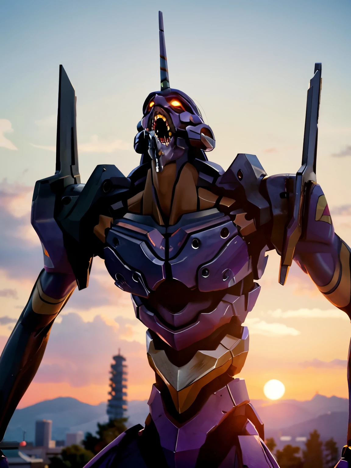 Eva01), (Eva初号機), by Nomi, Eva, evangelion mecha  by Nomi, SF,  stares at the audience , ( Official Art, Mejor calidad ,  masterpiece: 1.2),  High Definition  , background, 8K HDR,(Extremely biological ),(  has a pro knife  ),( see a beautiful abstract background {x}  smooth body surface like a living thing  ),( A futuristic city with few bullets and beautiful organic stuff ),(  head is the first unit  ),( Organic giant  ),  full body portrait in front of ,(Broad shoulders),( musculoskeletal 々),( with a bent back ),( Saturn Stance ),(  can see internal teeth when opening the mouth  ),(  Beautiful Sunset ),( Extremely Wide Shouldered ),(The 200-meter-tall giant ), Unicorn、( body like a bodybuilder )