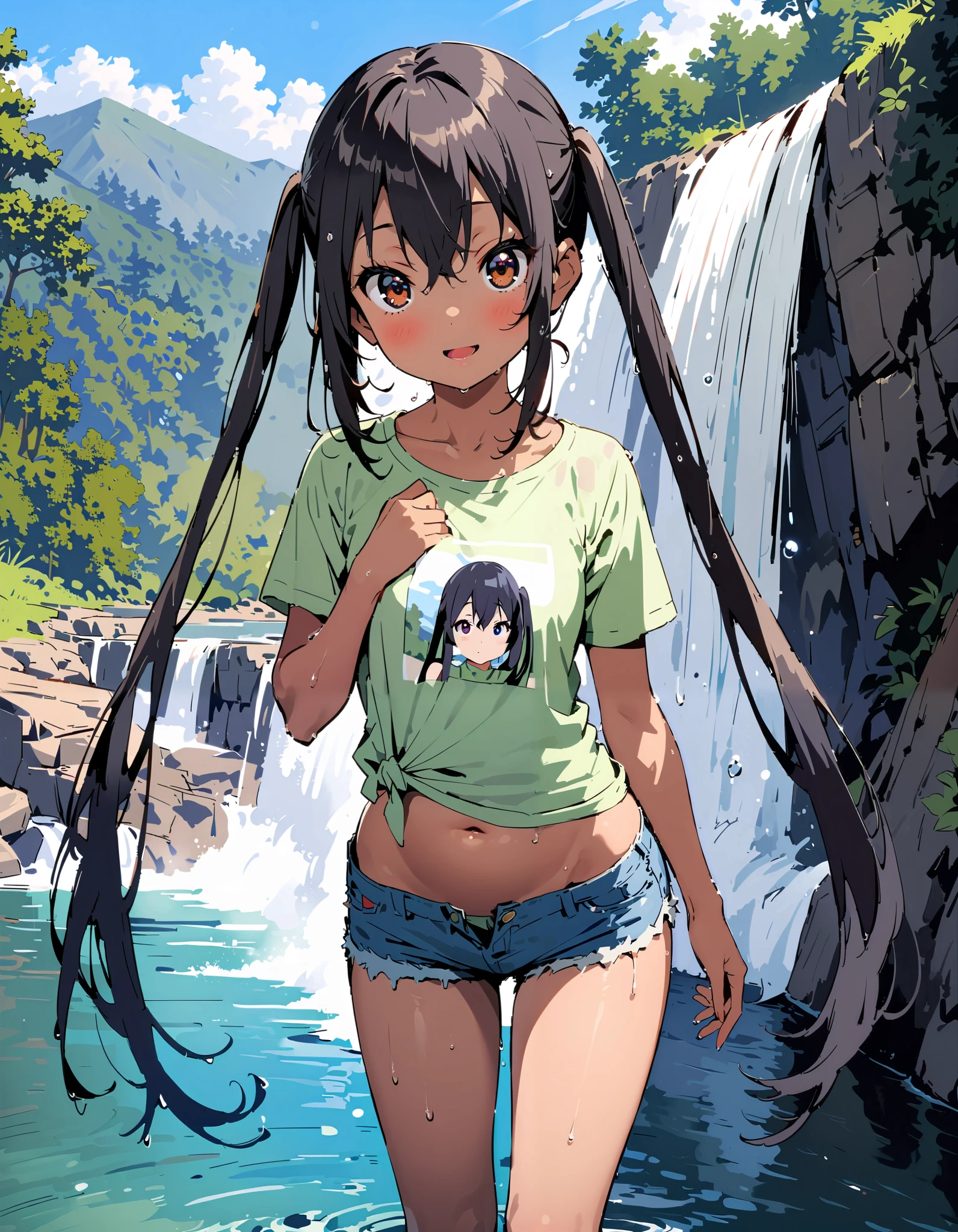 Azusa Nakano, black hair, brown eyes, Alone, long hair,smile,blush, open your mouth, low twin tail, tan, brown skin,green t-shirt ,The hem of the t-shirt is tied, belly button out,river遊び, playing in the water, denim micro shorts ,Wet clothes, wet hair, wet skin, standing, so that the whole body fits into the illustration,
break outdoors, river,Mountain,waterfall,forest,
break looking at viewer,
break ( Masterpiece:1.2), top quality , kampala, Unity 8k Wallpaper,(shape:0.8),( fine, beautiful eyes :1.6),It's a person , full body photo,CG Details , ( perfect hands, Complete Anatomy),