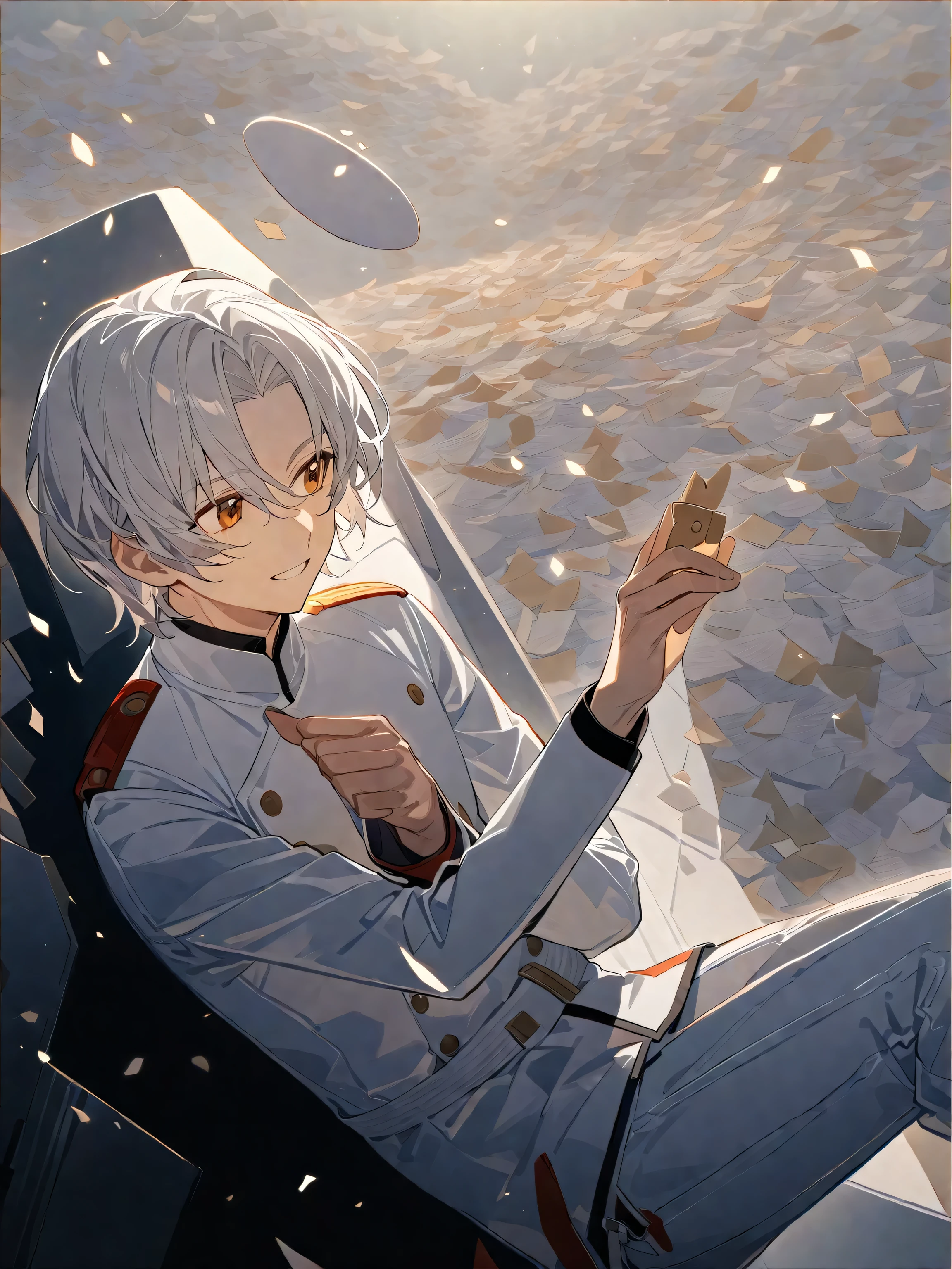 Single with short medium hair, a man with short white medium hair,A handsome face wearing a white stand-up military uniform with long sleeves and white pants looks up