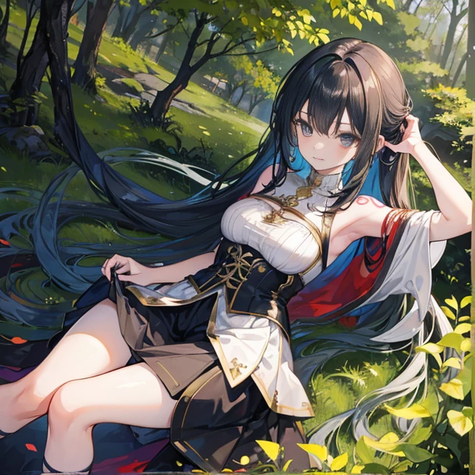 (ultra hyper-detailed、Hi-Def、Kyoto Animation Style Anime Illustration、Top Quality Official Art Feature:1.6)、、Detailed beautiful face and eyes、Highly detailed body、Nice hands with very detailed hair、perfect hand、beautifull hands、(1girl in:1.4)、(Chibi:0.8)、(kawaii:1.2)、(a cute:1.2)、(boobs :1.5)、1 girl、(Medium chest、Beautiful breasts、cleavage looks bigger、Black hair、Long hair with trimmed hair,Twintail、 long sleeves:1.5)、(Dynamic angles、Looking at the camera、Upper body body、Ninja bandana,Black Ninja Jacket,Ninja pants,Ready with bitterness、Character Focus:1.2)、1 Focus on girls,(Medium、Black hair、Semi-long hair with trimmed hair)、break、Ninja covered building,Ninja Garden,Ninja dwelling,Mountains and forests background,