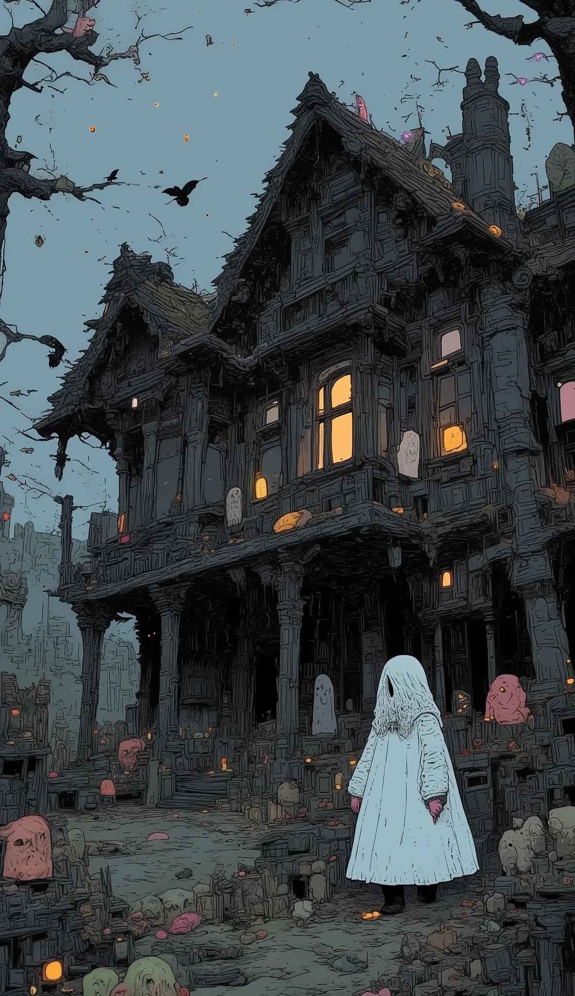 (best quality,4k,8k,highres,masterpiece:1.2),ultra-detailed,(realistic,photorealistic,photo-realistic:1.37),haunted mansion, abandoned house, dilapidated building, creepy atmosphere, moonlight, cobweb, moss covered walls, cracked windows, flickering candles, dark shadows, eerie sounds, hidden secrets, gothic architecture, horror, moody lighting, gloomy color palette, mist, fog, supernatural elements