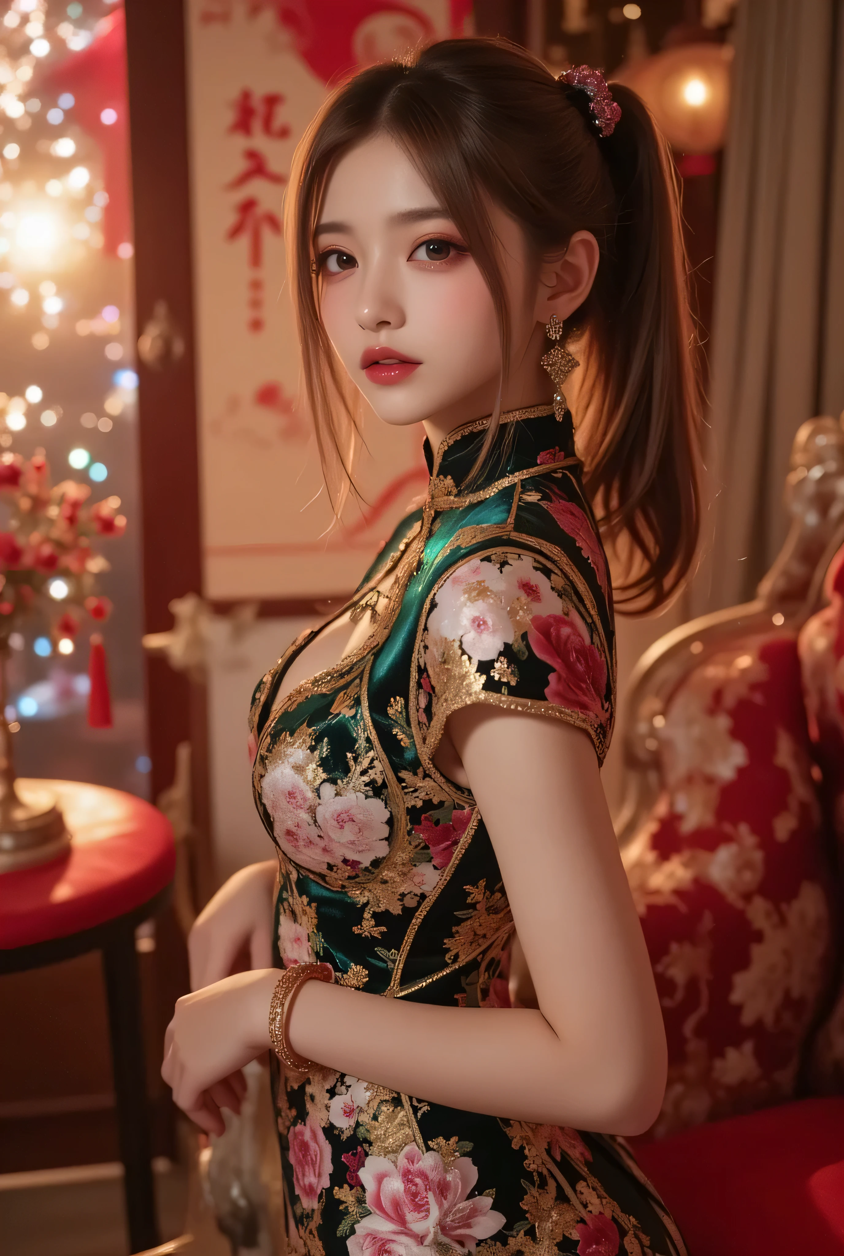 Cat ears、 face up, attractive, pretty girl, ponytail、few beautiful lady hair decorations, (( fine facial features , eroticism)), dramatic lighting , realistic , 8k, Dramatic Shadows , intricate and elaborate patterns , super detailed photo , chiaroscuro lighting , Pleasant colors , deep contrast , super real 、 pink lipstick、 warm room、Vintage Fireplace 、 cinematic composition、Close-up of face, pretty half part transparent open shoulder loose outfits dress, tang style, A beautiful Korean idol wearing a one piece red-green-blue-black-silver-gold tightly cheongsam with phoenix and intricate floral golden embroidery, golden and silver outline on dress, standing gracefully in a room filled with traditional Chinese New Year decorations. The room features vibrant red lanterns, decorative calligraphy scrolls, a small Chinese orange tree with golden ornaments, and several red envelopes scattered across the floor and hanging from the tree. Adorable, playful cats are part of the scene—some sitting near the tree, others curiously pawing at the red envelopes or lounging around. Through a window or an open door in the background, vibrant Chinese fireworks light up the night sky in an array of reds, golds, and blues, casting a magical glow into the room. The idol’s outfit is paired with subtle accessories like red hairpins or earrings, complementing the festive look. The atmosphere is warm and lively, filled with the joyful essence of the celebration, enhanced by the shimmering lights of the fireworks and the lively decor.