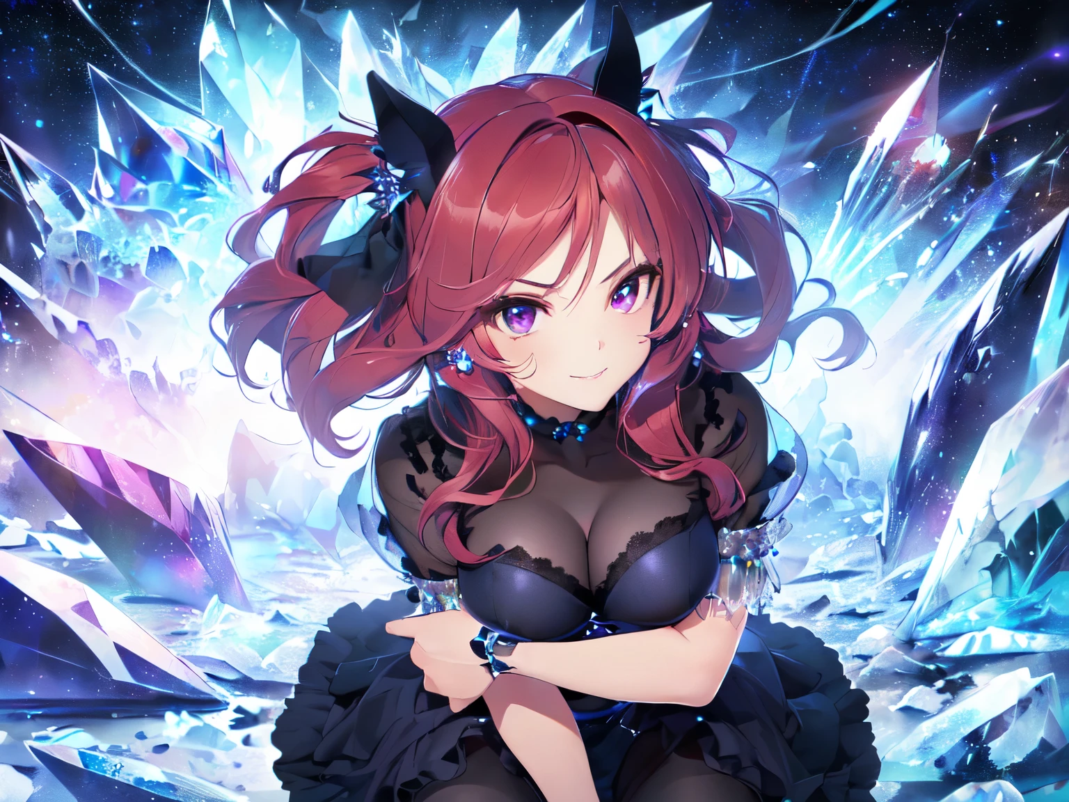((Solo, Girl with horse ears and tail, Athlete, ((Breasts)), (See-through, Black pantyhose, Black pumps), Blue Baron, Blue long skirt, Blue overalls, ((Crystal hair accessory)), Seductive smile, Looking at camera, (Purple eyes, Piercing eyes, Slanted eyes, Half-up long red hair), Hair blowing in the wind, ((Crystal zone, Crystal covered ground, Crystal forest, Starry sky, Strong wind)), ((Seductive pose)), (Accurate body structure, Accurate arm structure), 2D animation, Masterpiece, Highest quality, Highest resolution, Rim light, Close-up of breasts, ((High angle)),))