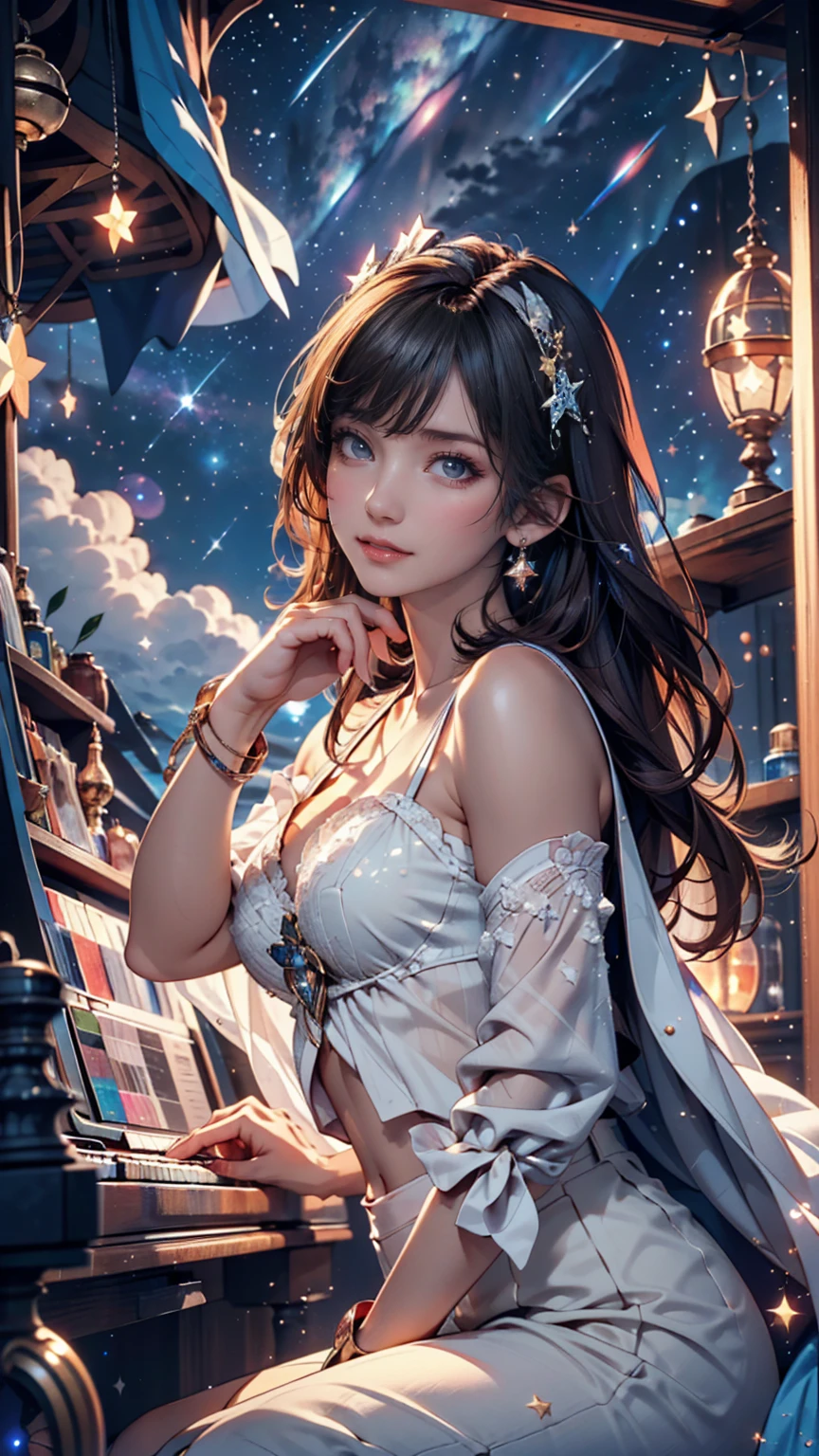 (The Masterpiece,premier quality,best qualityt,Beautiful and beautiful),1girl,yae miko,独奏,very detailled,the highest detail,8K photos,逼真,haruhi_srf,White long-sleeved shirt with blue collar,Miniature miniskirt,Blue skirt,red necktie,yellow ribbon,cute girls,spreads both legs,White panties are shown, looking at the spectator,Stand,Small laugh,immensely gigantic breasts,frombelow,school room, --auto