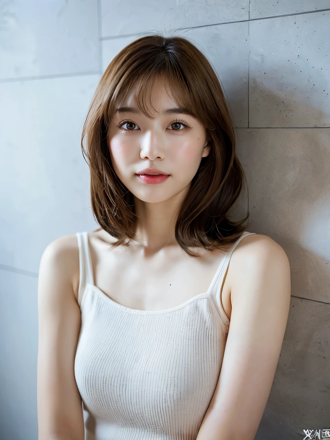 Close-up of a brown-haired woman in a white shirt, Layered Cut、Above Chest - Length hair, Medium length hair, Curtain bang, Medium Hair, with short hair, Princess Cut, Shoulder-length hair, 白Princess Cutの髪型, Korean symmetrical face, short~Medium Hair, Shoulder - Length, Neat hairstyle with bangs、White wall、In front of a white door、((窓のあるWhite wallの部屋))、Mr.々A pose、Simple Necklace、Don'Don't look at the camera