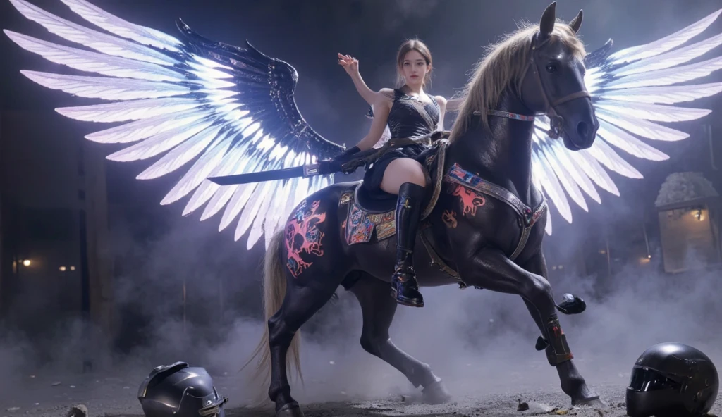 A female centaur，She is famous in the multiverse，She is both a female centaur, half human, half horse, half horse，It is also a heroic move，Her image incorporates the female body of the horse's head, neck and shoulders，Transforms into a beautiful female human upper body，Female, half-centaur, half-human, half-horse, half-human，and female half-horses performing feminization with chimeras with beauties，It's like a chimera of a female human and a female bodyized half-horse，This chimerization is based on powerful futuristic technology。The ultra-wide-angle lens captures the beautiful and ethereal image of her light wings on the ionosphere and making jumps。Her front half is a tall, sexy body with obvious feminine characteristics，Has K cup teardrop-shaped giant tit chest，Small man-waisted butterflies span long legs，The half-horse of the back half of the body is embedded in the front half of the body at the hip position，The horse-shaped half-horse torso form of the back half of the body is completely female and humanized，A sexy bent dog style shaped chest cavity embedded from the upper end of the sternum is embedded in the hips，Then there are the waist and abdomen of sexy beauties and straight hips，Her entire body has been completely feminized，Includes the half-horse part of the hind body，Mechanize the anti-joints and feet in the shape of the hind leg horse's knee and personify these parts，Make the legs graceful and slender，She has four slender legs like a supermodel，Under the legs are the feet of humans wearing skyscraper heels，Use Midjourney's advanced stroke tools and color palettes, as well as texture packs, model packs, and texture tools，Concentration，Femaleize all parts of her original equine physiologic appearance，And give these parts an ergonomic appearance，Fine treatment of details in the structure of the back body, chest, abdominal cavity and hip legs，Tighten the contours of the chest and abdomen of the transverse posterior body，Tighten lines，Add feminine mechanical