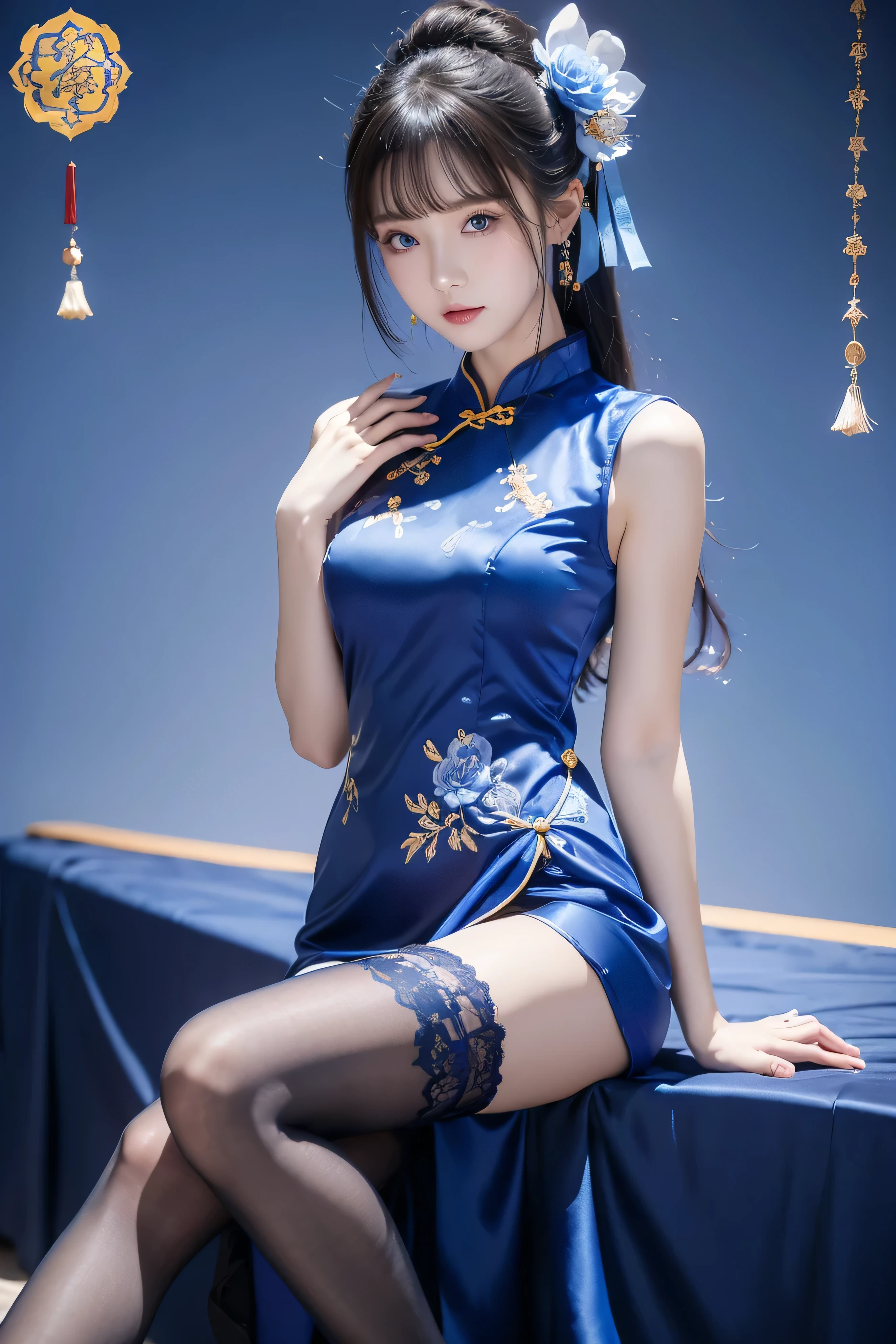 (8k, best quality, masterpiece:1.3), (highres:1.5), absurdres, ultra detailed, (1girl:1.3), (dynamic pose):1.0 BREAK, ((cowboy shot:1.3)), a extremely cute and beautiful girl, 1girl, full body, 32k, 16k, 8k, 4k, HDR, (RAW photo:1.3), (realistic:1.3), (photorealistic:1.3), ultra-detailed, sharp focus, BREAK, Times square garden at night, detailed background, BREAK, twin-buns hair, chestnut hair, (facing the viewer:1.25), (large-breasted:1.25), ((royal blue stain Chinese dress:1.5)), (cleavage cut-out gothic dress:1.25), (detailed dress:1.25), lace, brown eyes, Ultra-detailed face, Detailed eyes, Double eyelid, chestnut hair, cleavage, (Beautiful Breasts:1.3), (Abs, Slender Figure: 1.2), Sharp Focus, (((Intricate Details)), High Detail, frame the head, (sexy model pose, (look down back:1.35), (thrust out one's hip:1.35)), (seductive grin smile:1.35), perfect anatomy, perfect proportion, blush, seductive emotion, studio soft light, cinematic light, detailed background, realistic, ultra-realistic, frame the head,