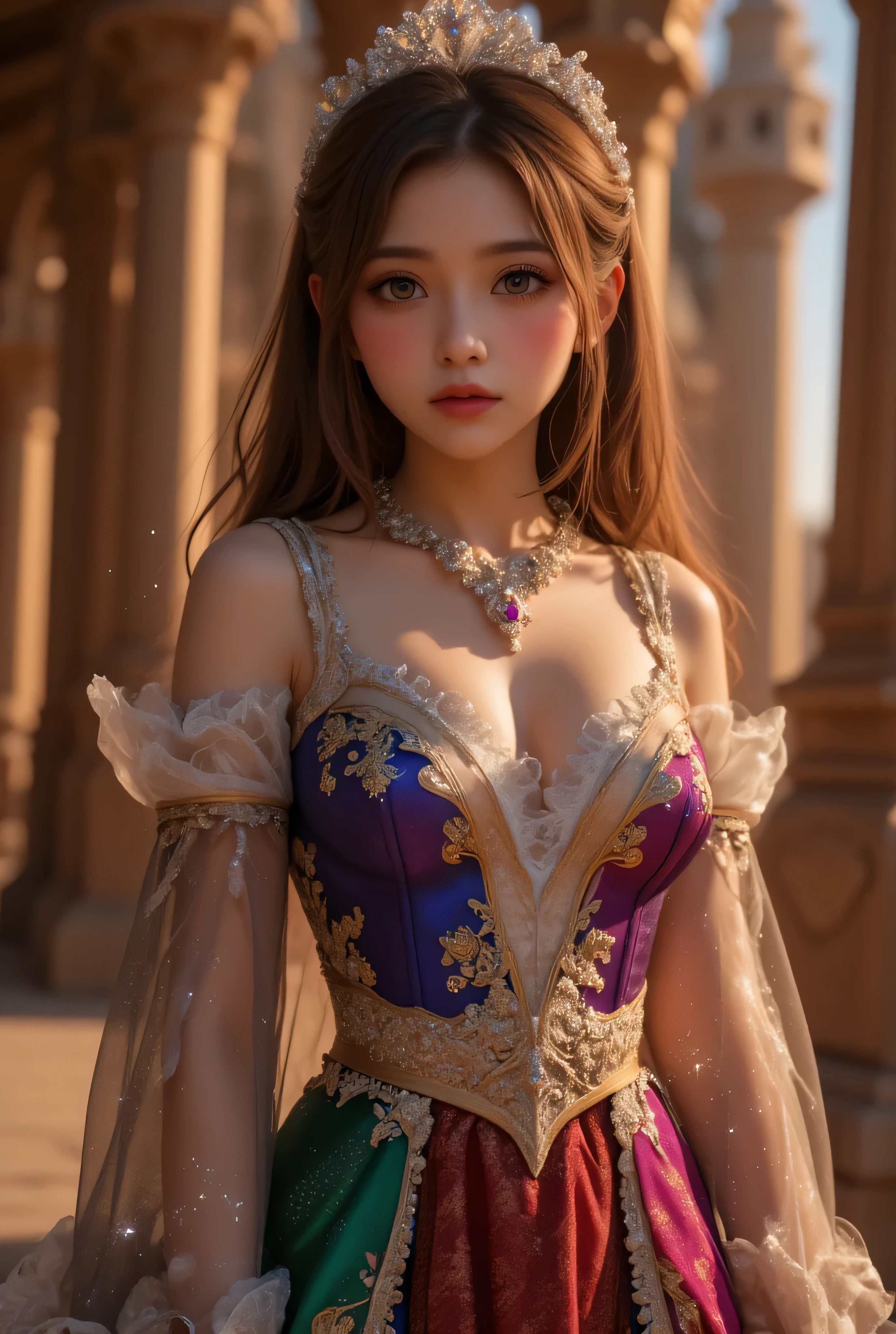 lors, deep contrast, super real, pink lipstick, warm atmosphere, cinematic composition, close-up of face. She is wearing a breathtakingly opulent princess dress with flowing, multi-layered fabrics in a mesmerizing blend of royal blue, deep crimson, emerald green, and shimmering violet, creating a dazzling gradient effect. The dress is adorned with intricate golden and silver embroidery, forming delicate floral and celestial patterns, intertwined with radiant, sparkling gems in shades of sapphire, ruby, emerald, and amethyst. The off-shoulder design is enhanced with sheer, shimmering fabrics that drape elegantly, catching the light like woven stardust. Her bodice is encrusted with fine jewel embellishments, and a beautifully detailed silver and gold belt cinches her waist, adding to the regal elegance. She also wears a dazzling gemstone necklace, a delicate tiara of intertwined silver and gold adorned with pearls and precious stones, and an exquisite matching bracelet.
She stands gracefully in front of a magnificent castle with towering spires, intricate stonework, and glowing stained-glass windows that cast a kaleidoscope of colors onto the grand courtyard. The castle is bathed in the golden light of a setting sun, with the sky painted in warm hues of orange, pink, and purple. Ethereal sparkles fill the air, adding a magical glow to the scene. Her expression is serene, confident, and regal, exuding the grace and charm of a true fairy-tale princess in a fantastical, enchanted world.