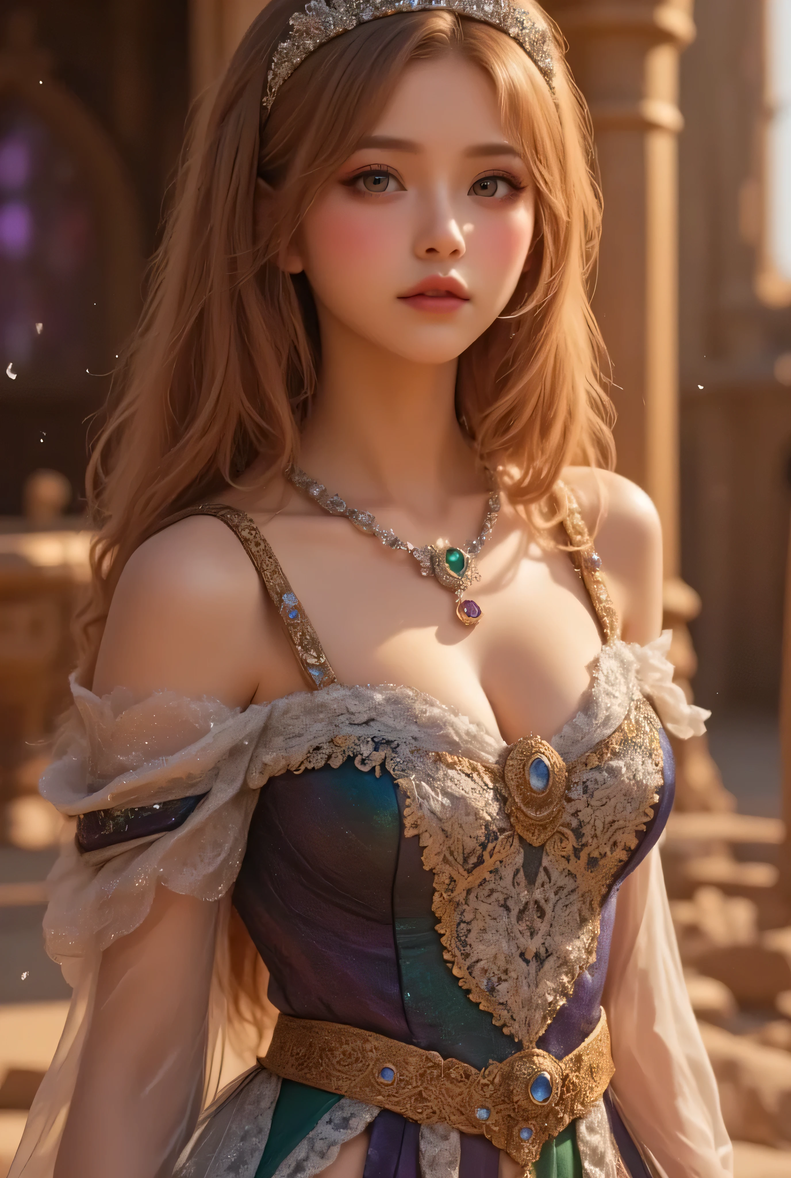 lors, deep contrast, super real, pink lipstick, warm atmosphere, cinematic composition, close-up of face. She is wearing a breathtakingly opulent princess dress with flowing, multi-layered fabrics in a mesmerizing blend of royal blue, deep crimson, emerald green, and shimmering violet, creating a dazzling gradient effect. The dress is adorned with intricate golden and silver embroidery, forming delicate floral and celestial patterns, intertwined with radiant, sparkling gems in shades of sapphire, ruby, emerald, and amethyst. The off-shoulder design is enhanced with sheer, shimmering fabrics that drape elegantly, catching the light like woven stardust. Her bodice is encrusted with fine jewel embellishments, and a beautifully detailed silver and gold belt cinches her waist, adding to the regal elegance. She also wears a dazzling gemstone necklace, a delicate tiara of intertwined silver and gold adorned with pearls and precious stones, and an exquisite matching bracelet.

She stands gracefully in front of a magnificent castle with towering spires, intricate stonework, and glowing stained-glass windows that cast a kaleidoscope of colors onto the grand courtyard. The castle is bathed in the golden light of a setting sun, with the sky painted in warm hues of orange, pink, and purple. Ethereal sparkles fill the air, adding a magical glow to the scene. Her expression is serene, confident, and regal, exuding the grace and charm of a true fairy-tale princess in a fantastical, enchanted world.