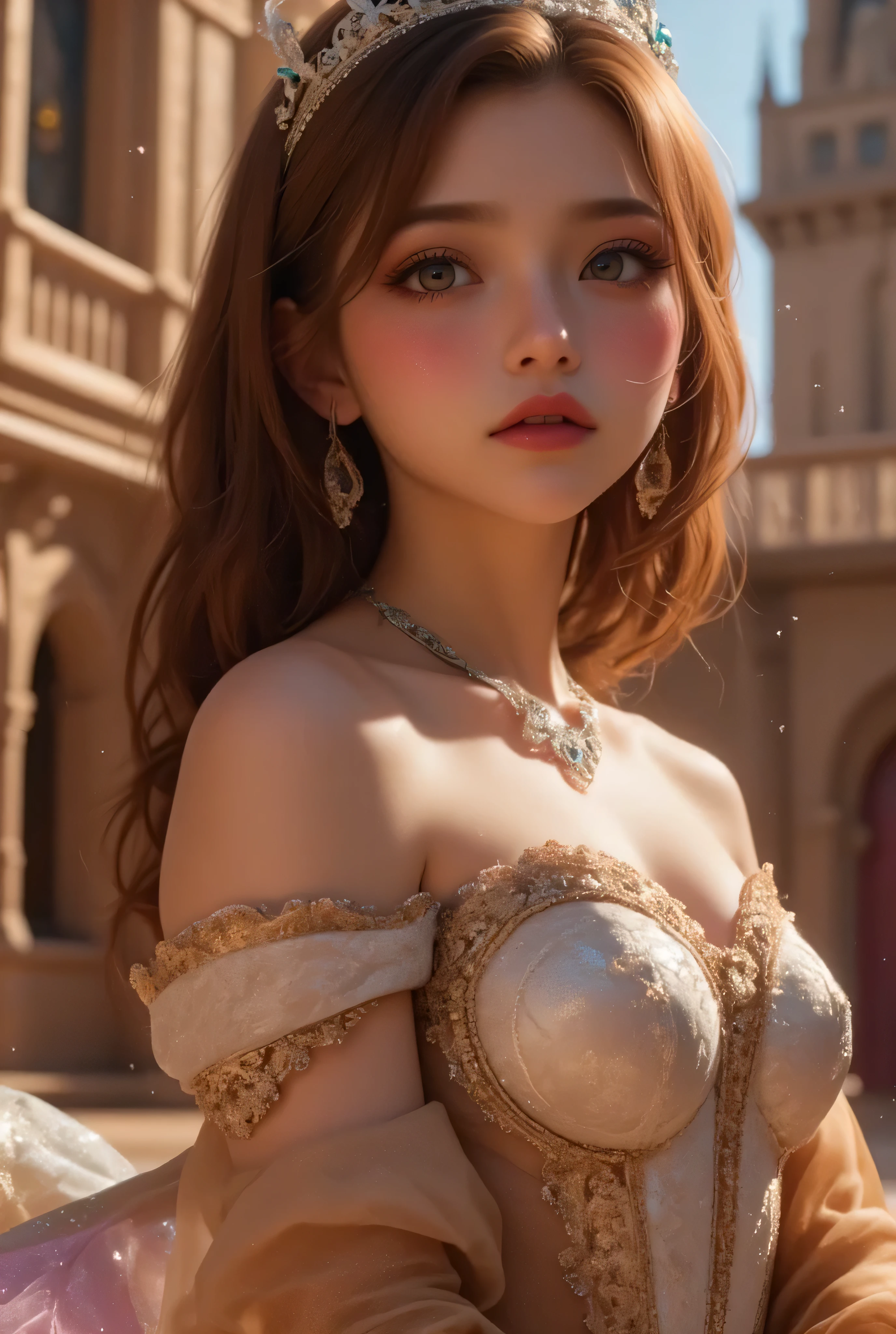 Girl with brown hair and green eyes wearing royal princess dress。