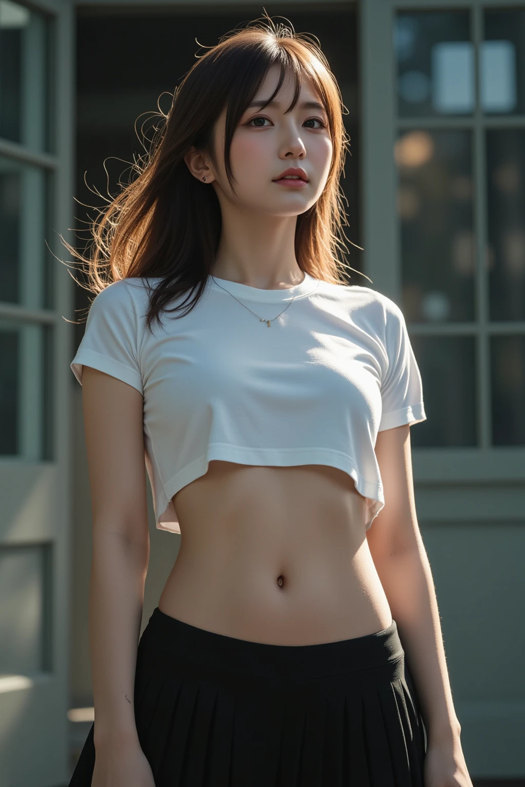 (((best quality))),(((ultra detailed))),(((masterpiece))),illustration,((1 beautiful girl,solo)),(short ponytail:1.2),((slim,thin)),((small breasts,flat chest)),((dimly lit garden courtyard, high-rise residential community)),(white short-sleeved T-shirt:1.3),(light blue sports shorts:1.3),(navel:1.2),(slender legs:1.2), youthful charm, vibrant energy, sleek hair, bright eyes, smooth skin, fair complexion, curiosity, adventure, graceful collarbones,concrete ground, streetlights, yellowish glow, tall buildings, shadows, eerie atmosphere, confident demeanor, ease, solitude, beauty, life, warm presence,(summer:1.3),(night scene:1.3),((from front,upper body))