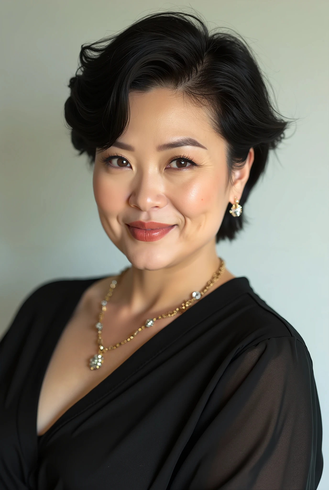 masutepiece,Best Quality, (Mature woman alone), ((Portrait:1.5)), ((Look down)), makeup, Smirk, Black hair, Hair bun, Fit, Caucasian, A MILF, Office Background, dark colored eyes, Elegant black shirt, huge tit, ((Seduction expression)),