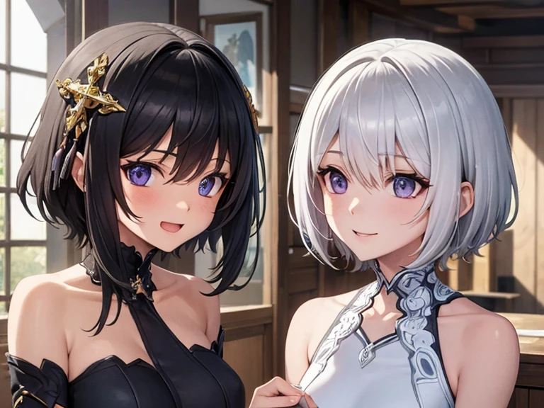 masterpiece, Highest quality, Perfect Face, Highest Resolution, Highest quality,Detailed depiction of the eyes, 8k, 1 girl, young, dark tan skin, slate gray hair, short hair, upturned eyes, Yellow Orange eyes, ribbon choker, Seaside house, relax and enjoy, Perfect Anatomy