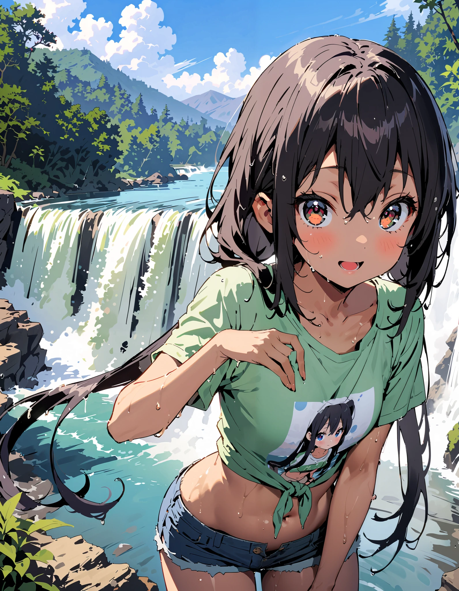 Azusa Nakano, black hair, brown eyes, Alone, long hair,smile,blush, open your mouth, low twin tail, tan, brown skin,green t-shirt ,The hem of the t-shirt is tied, belly button out,river遊び, playing in the water, denim micro shorts ,Wet clothes, wet hair, wet skin, standing, so that the whole body fits into the illustration,
break outdoors, river,Mountain,waterfall,forest,
break looking at viewer,
break ( Masterpiece:1.2), top quality , kampala, Unity 8k Wallpaper,(shape:0.8),( fine, beautiful eyes :1.6),It's a person , full body photo,CG Details , ( perfect hands, Complete Anatomy),