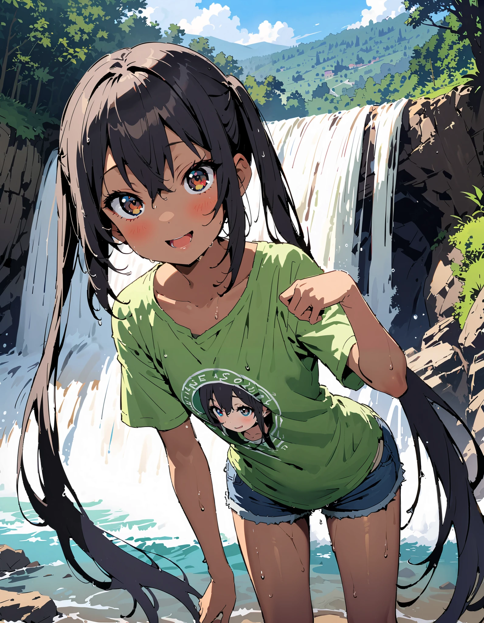 Azusa Nakano, black hair, brown eyes, Alone, long hair,smile,blush, open your mouth, low twin tail, tan, brown skin,green t-shirt ,The hem of the t-shirt is tied, belly button out,river遊び, playing in the water, denim micro shorts ,Wet clothes, wet hair, wet skin, standing, so that the whole body fits into the illustration,
break outdoors, river,Mountain,waterfall,forest,
break looking at viewer,
break ( Masterpiece:1.2), top quality , kampala, Unity 8k Wallpaper,(shape:0.8),( fine, beautiful eyes :1.6),It's a person , full body photo,CG Details , ( perfect hands, Complete Anatomy),