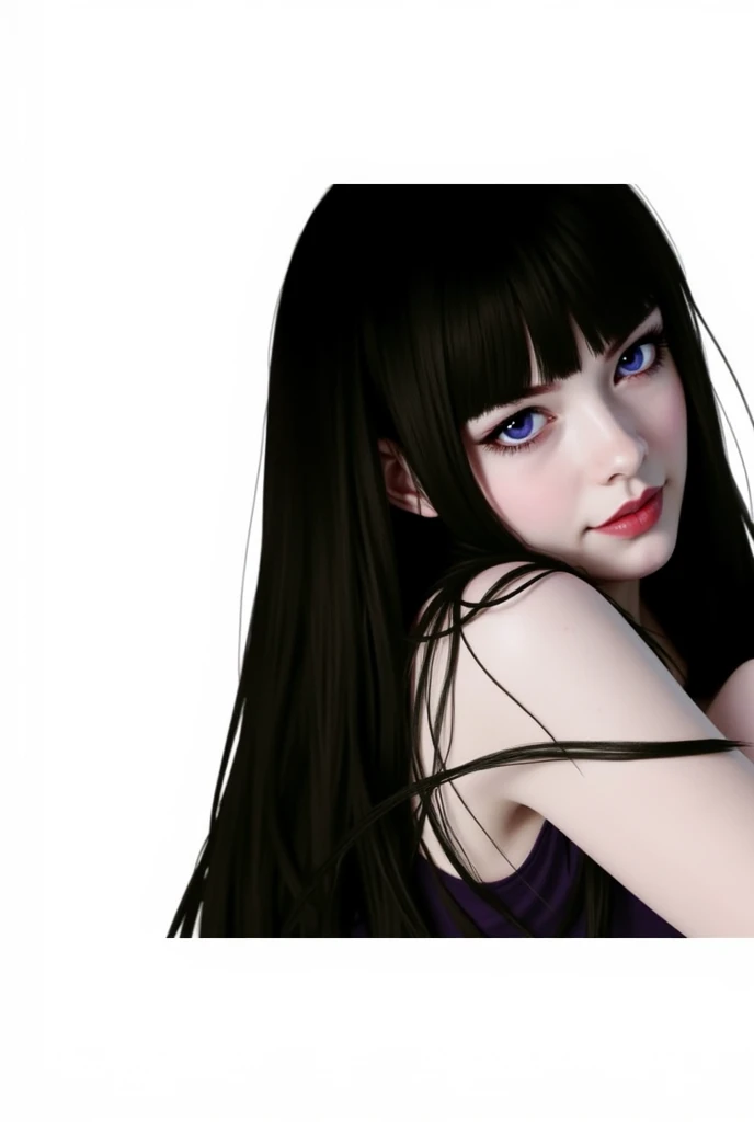 Detailed art, 3d character portrait, high resolution portrait, girl with Brazilian and Asian features, Japanese-like eyes, small and elegant lips, wavy hair with long bangs that extend a little past her light brown shoulders, deep gray eyes , soft purple and black eye makeup, elegant broad shoulders, in elegant black dress