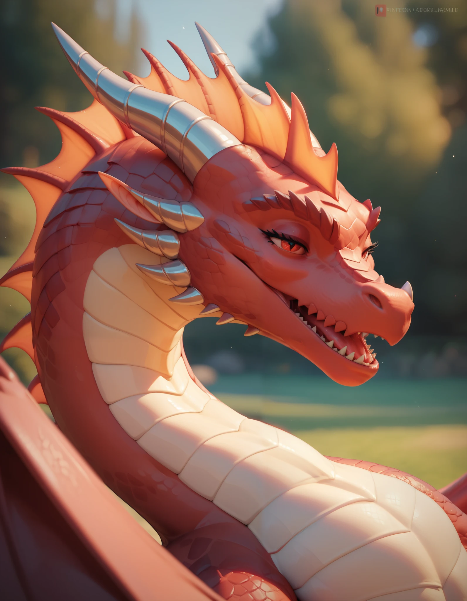 Dragon, red dragon, feral, female, sexy, hot red, red scales, bedroom eyes, head shot, moaning, skinny, slender, seductive, sensual, feminine, outside, depth of field, side eye
