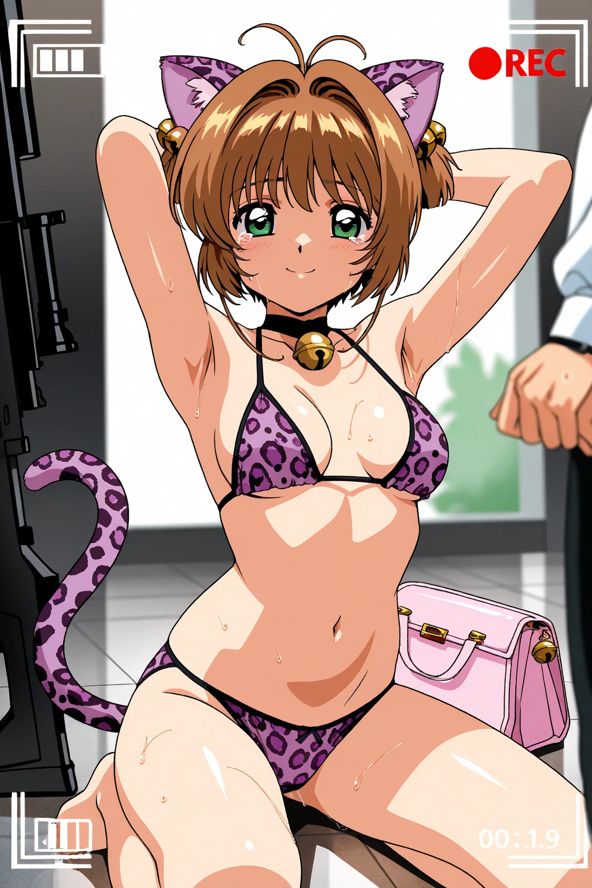 1girl, Hikaru Hiyama, (best image quality, best girl), (one girl), girl wearing, pointed lips, expressionless, confident, satisfaction, intimacy, ((big breasts))), full body, sexy pose, long gloves, tights, (((pink leopard print bikini)), camera gaze, gold mesh, (tan), gal, ((night city)), neon street, back alley, evil smile