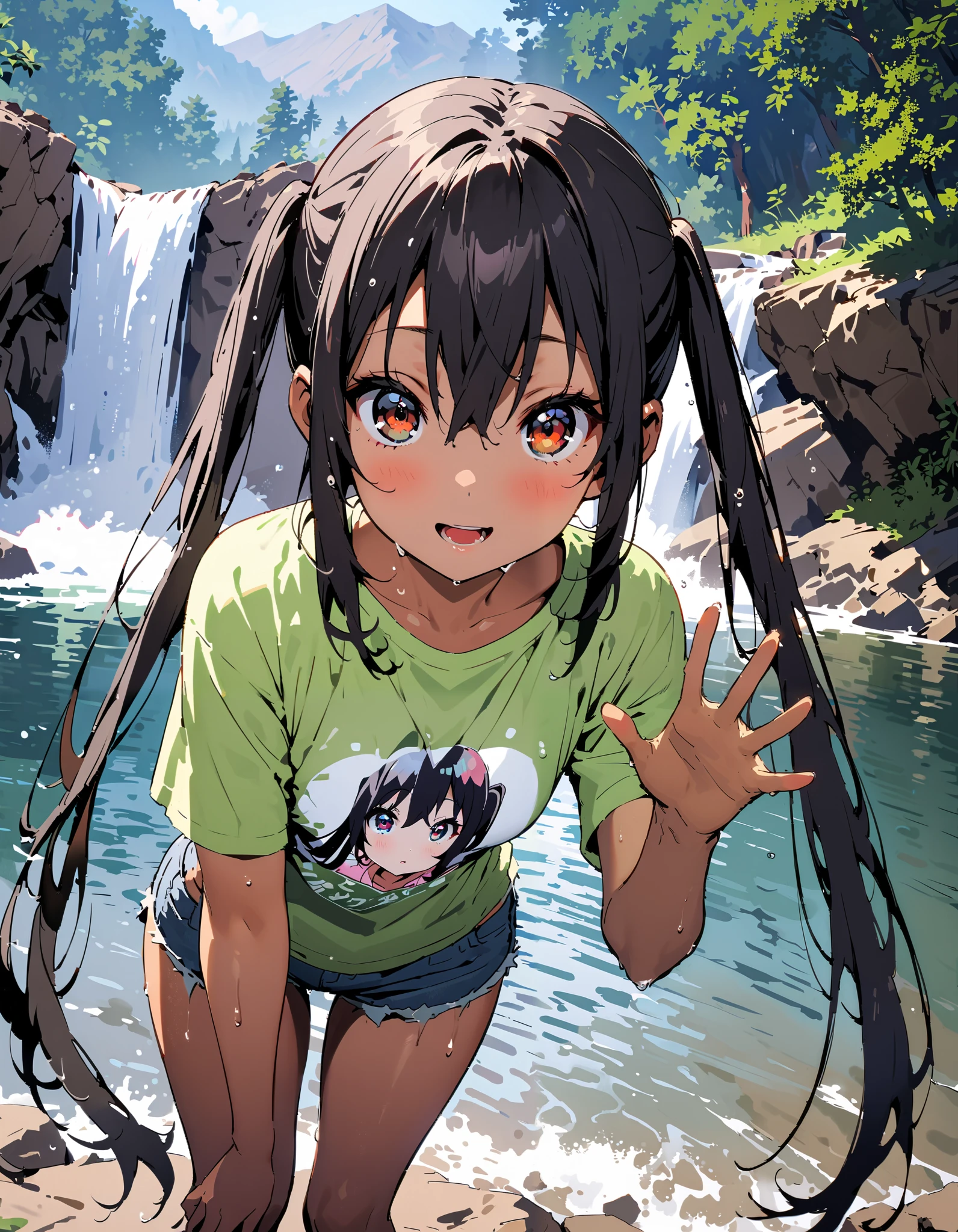 Azusa Nakano, black hair, brown eyes, Alone, long hair,smile,blush, open your mouth, low twin tail, tan, brown skin,green t-shirt ,The hem of the t-shirt is tied, belly button out,river遊び, playing in the water, denim micro shorts ,Wet clothes, wet hair, wet skin, standing, so that the whole body fits into the illustration,
break outdoors, river,Mountain,waterfall,forest,
break looking at viewer,
break ( Masterpiece:1.2), top quality , kampala, Unity 8k Wallpaper,(shape:0.8),( fine, beautiful eyes :1.6),It's a person , full body photo,CG Details , ( perfect hands, Complete Anatomy),