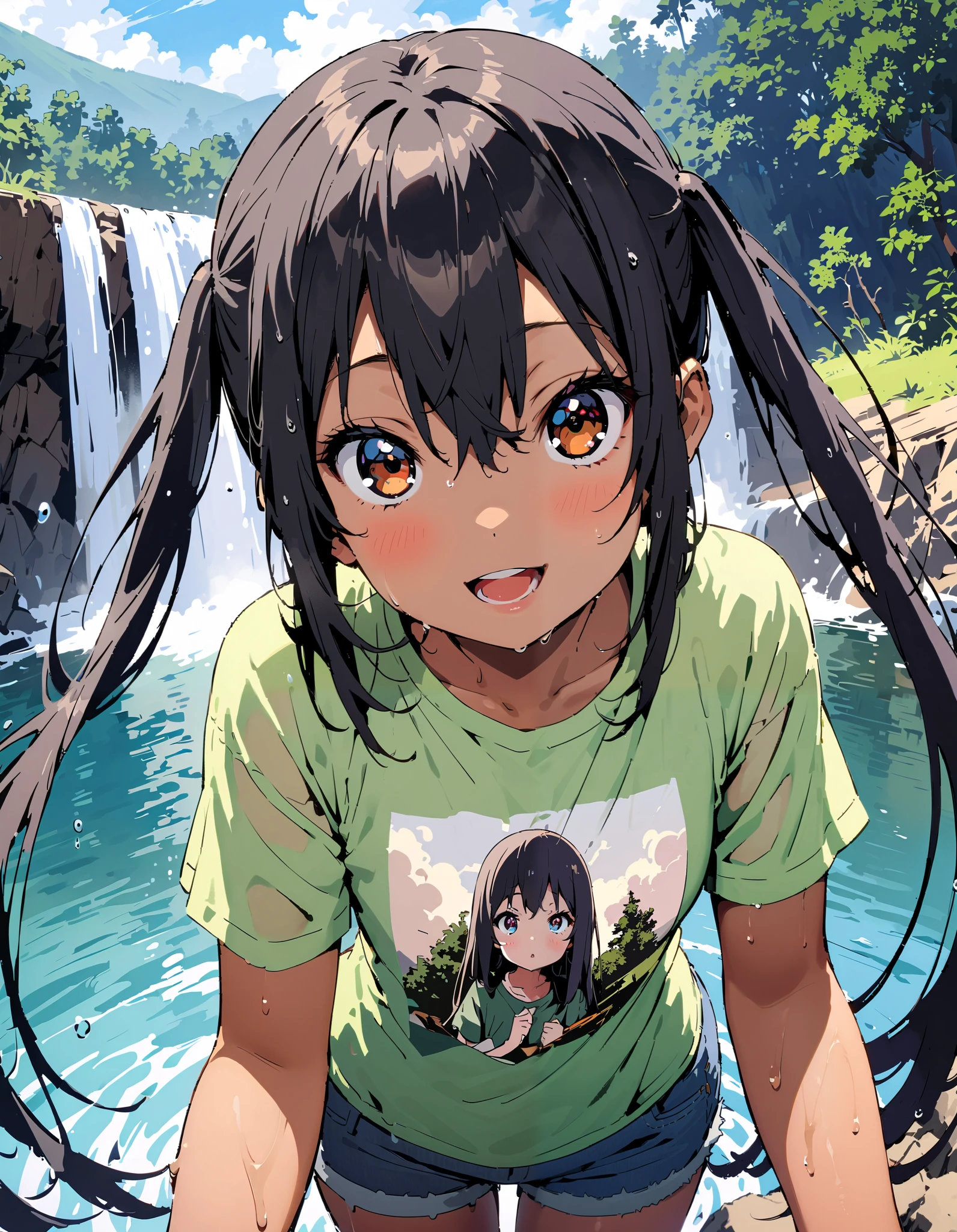 Azusa Nakano, black hair, brown eyes, Alone, long hair,smile,blush, open your mouth, low twin tail, tan, brown skin,green t-shirt ,The hem of the t-shirt is tied, belly button out,river遊び, playing in the water, denim micro shorts ,Wet clothes, wet hair, wet skin, standing, so that the whole body fits into the illustration,
break outdoors, river,Mountain,waterfall,forest,
break looking at viewer,
break ( Masterpiece:1.2), top quality , kampala, Unity 8k Wallpaper,(shape:0.8),( fine, beautiful eyes :1.6),It's a person , full body photo,CG Details , ( perfect hands, Complete Anatomy),