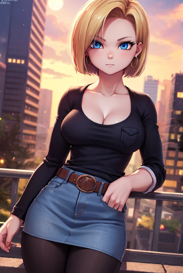 android 18, android 18, blonde hair, blue eyes, eyelash, hoop earrings, short hair, earrings, break belt, black legwear, black shirt, breast pocket, cleavage, clavicle, denim, denim skirt, high-waist skirt, jewelry, long sleeve, pocket, shirt, shirt tucked in, skirt, striped, striped sleeves, waistcoat,, break outdoors, city, null, cloud, sun, break looking at viewer, (cowboy shot:1.5), break (masterpiece:1.2), highest quality, High resolution, unity 8k wallpaper, (shape:0.8), (beautiful and detailed eyes:1.6), highly detailed face, perfect lighting, Very detailed CG, (perfect hands, perfect anatomy)