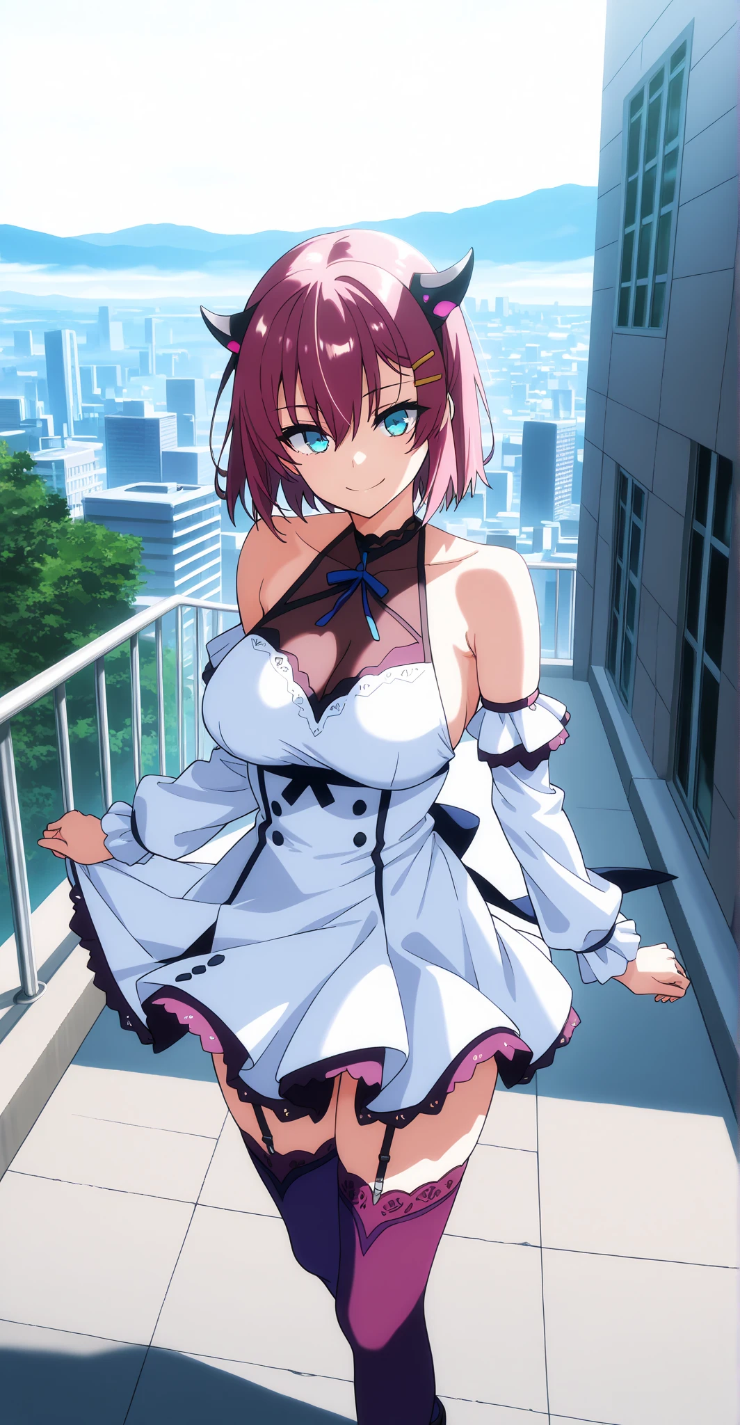 best quality, ultra-detailed masterpiece, anime art style, cute characters, nino nakano, one-piece swimsuit, large breasts, pantyhose, open legs, back