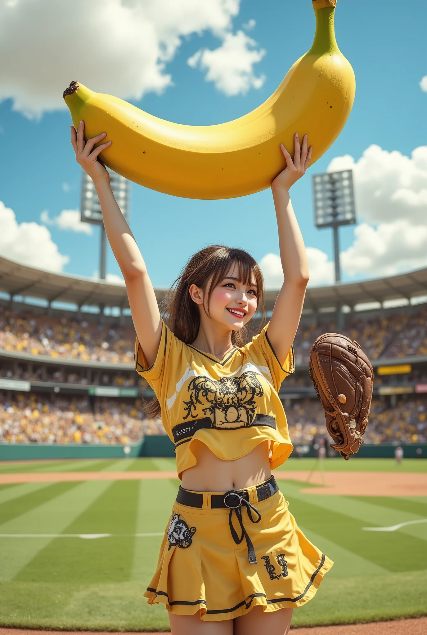 photorealism,1girl\(smily,Looking banana,full body,cheerleaders outfit,(Baseball glove on left hand, hands up,arms raised in air),stunding\), fly 1banana in the sky high position,stadium ground,wide shot and Aerial Shot near by banana,masterpiece, best quality