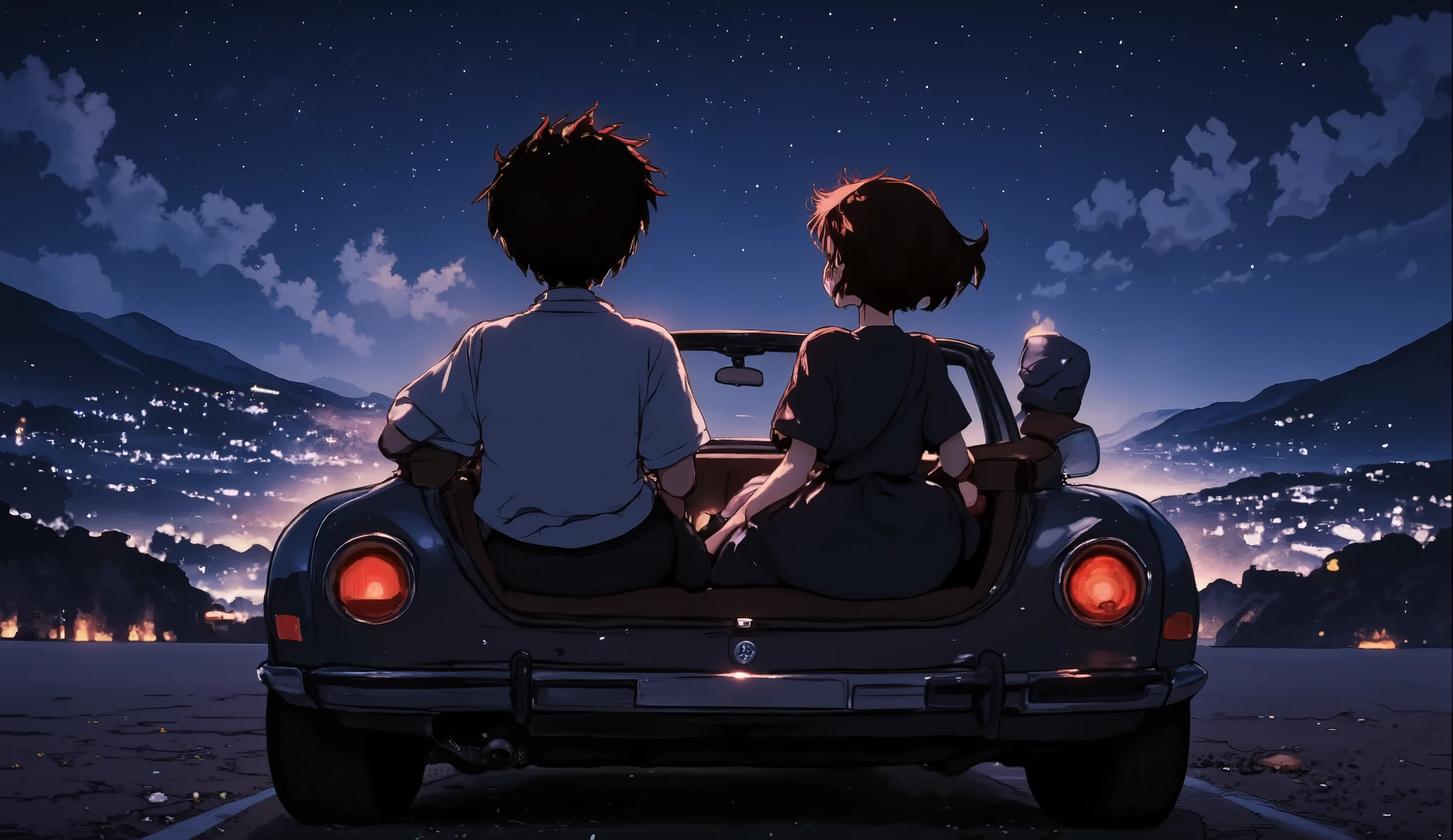  Ghibli anime style　 couple,  a man with curly hair and a woman with short wavy black hair 、満月の夜にメルセデスに乗って海岸から海と月が綺麗な景色を楽しそうに coupleで眺めている　海岸に車を停めて carから海と夜空を眺める couple　 car


