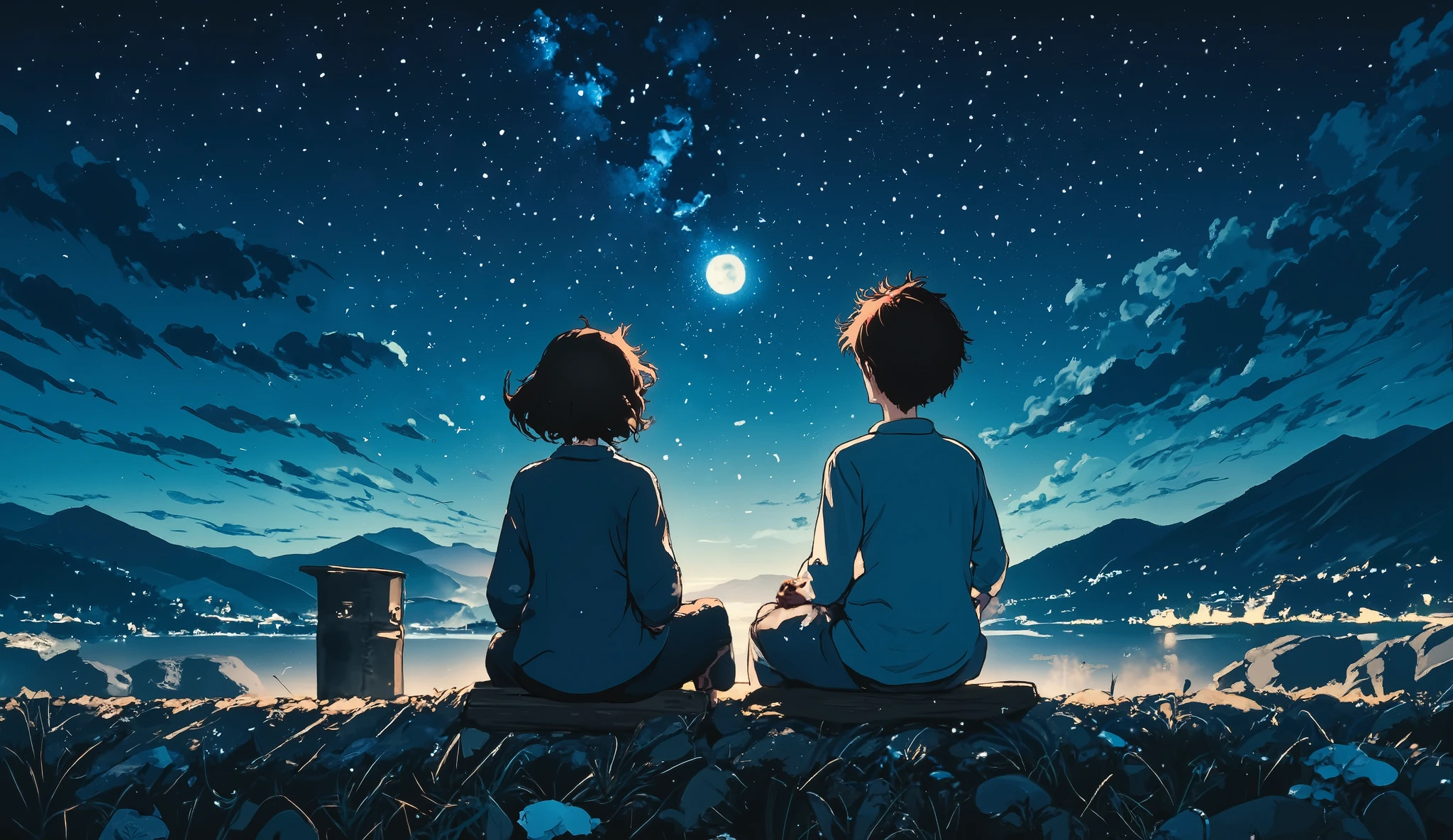 Ghibli anime style couple, a man with curly hair and a woman with short wavy black hair 、満月の夜にメルセデスに乗って海岸から海と月が綺麗な景色を楽しそうに coupleで眺めている 海岸に車を停めて carから海と夜空を眺める couple car