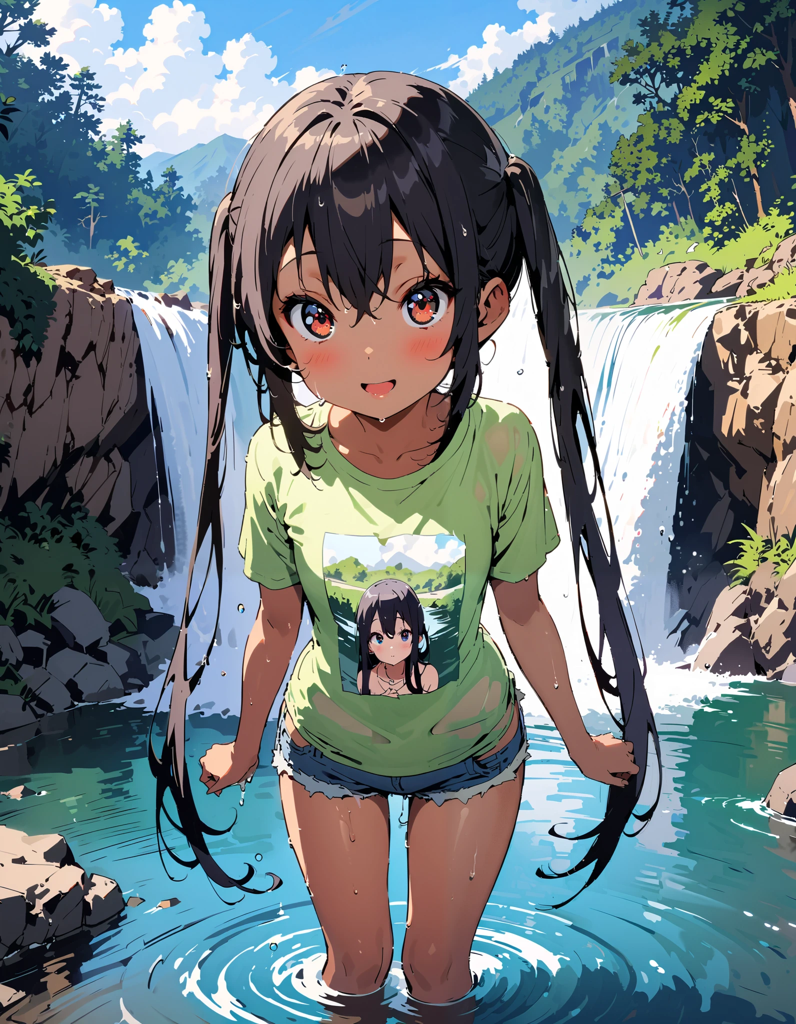 Azusa Nakano, black hair, brown eyes, Alone, long hair,smile,blush, open your mouth, low twin tail, tan, brown skin,green t-shirt ,The hem of the t-shirt is tied, belly button out,river遊び, playing in the water, denim micro shorts ,Wet clothes, wet hair, wet skin, standing, so that the whole body fits into the illustration,
break outdoors, river,Mountain,waterfall,forest,
break looking at viewer,
break ( Masterpiece:1.2), top quality , kampala, Unity 8k Wallpaper,(shape:0.8),( fine, beautiful eyes :1.6),It's a person , full body photo,CG Details , ( perfect hands, Complete Anatomy),