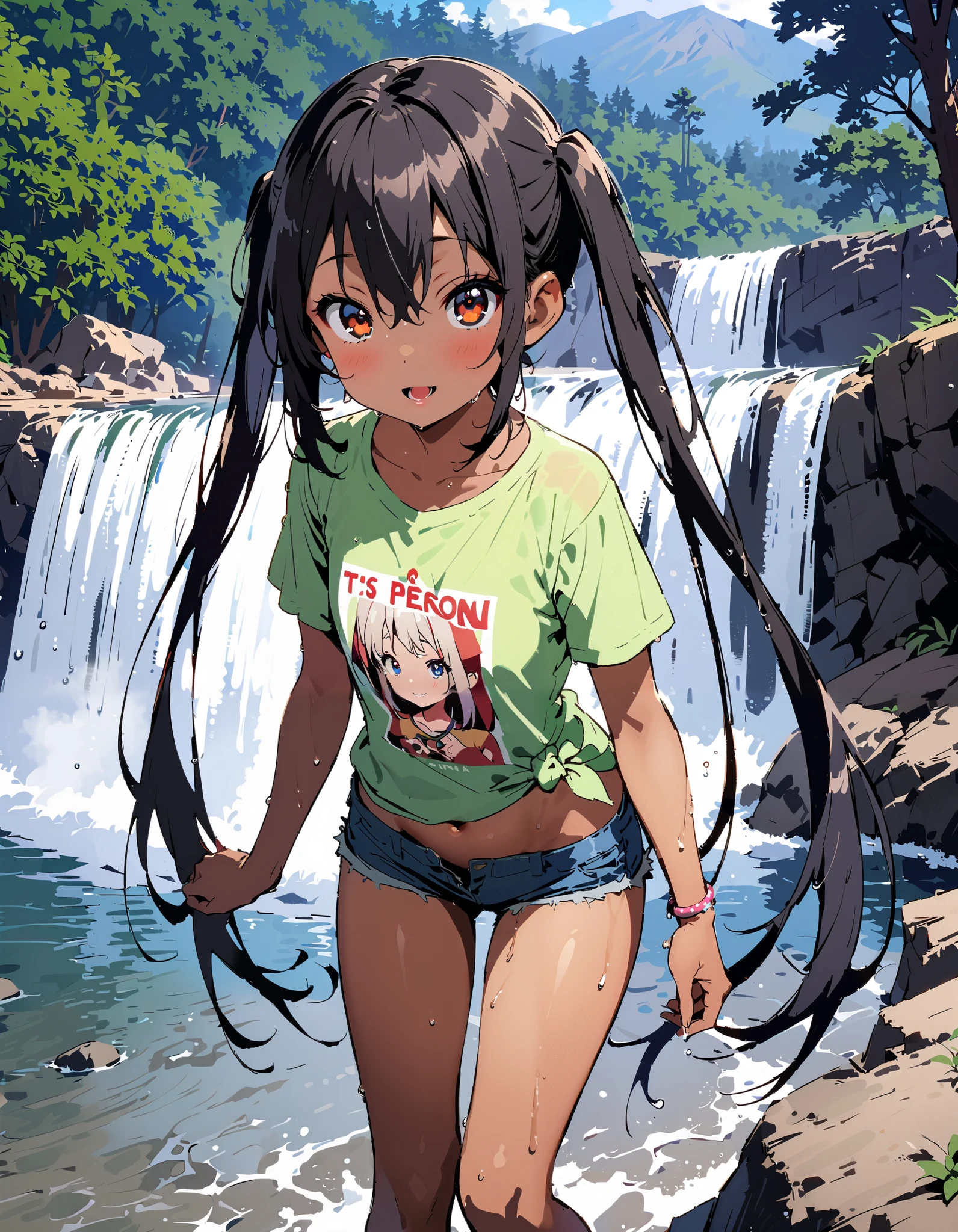 Azusa Nakano, black hair, brown eyes, Alone, long hair,smile,blush, open your mouth, low twin tail, tan, brown skin,green t-shirt ,The hem of the t-shirt is tied, belly button out,river遊び, playing in the water, denim micro shorts ,Wet clothes, wet hair, wet skin, standing, so that the whole body fits into the illustration,
break outdoors, river,Mountain,waterfall,forest,
break looking at viewer,
break ( Masterpiece:1.2), top quality , kampala, Unity 8k Wallpaper,(shape:0.8),( fine, beautiful eyes :1.6),It's a person , full body photo,CG Details , ( perfect hands, Complete Anatomy),