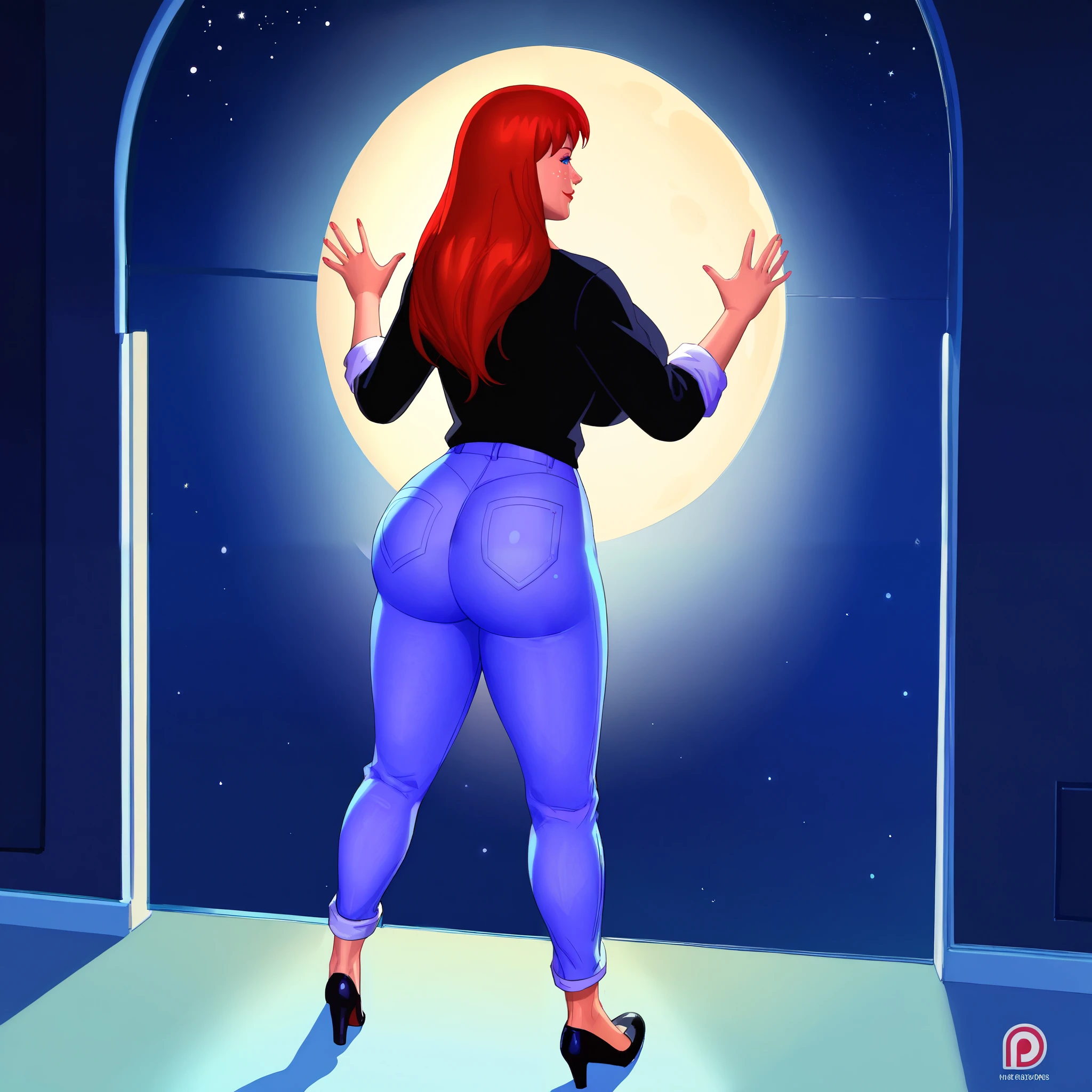 score_9, score_8_up, score_7_up, score_6_up, score_5_up, score_4_up, BREAK, 1girl, MJ, freckles arcoss face, blue eyes, dark red hair, long sleeve black shirt, dark blue long jeans, blue black shoes, long straight hair, 1girl, ((huge breasts, huge butt, thick thighs, curvy hips)), full body view, back view, part of face visable from behind, highly detailed, masterpiece, standing, seductive smile, inside new york apartment background, dark blue walls, blue carpet, at night, moon shining down through window.