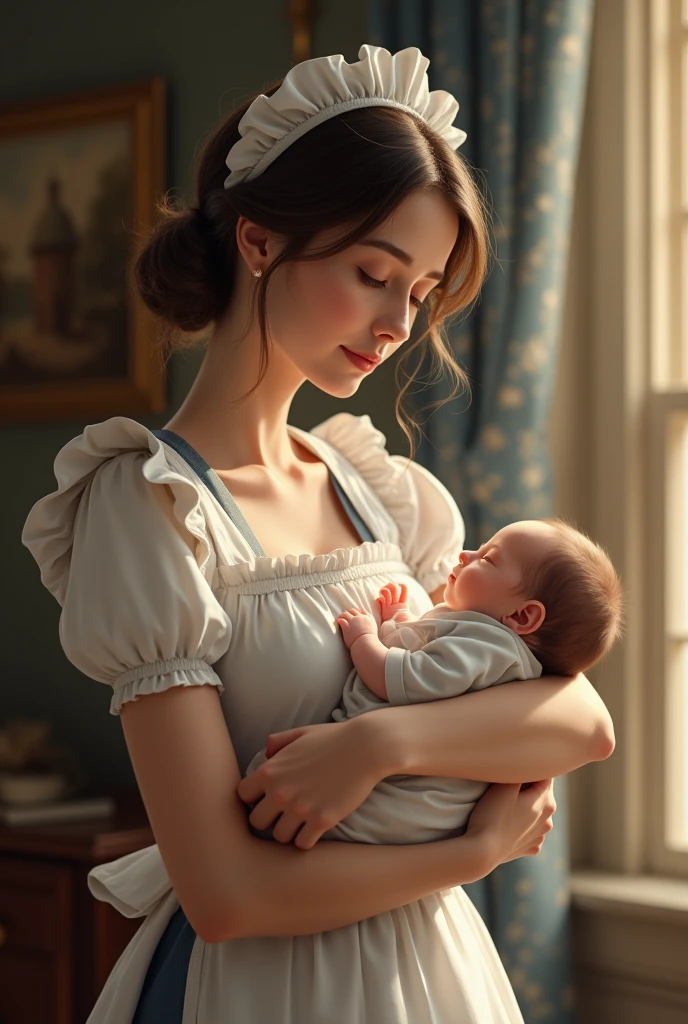 A wetnurse,portrait,medium,soft brushstrokes,natural lighting,vintage color tones,gentle expression,flowing dress,caring look,baby cradled in arms,historical setting,serene atmosphere,emotional connection,high resolution,aged canvas texture,vivid colors,enchanting backdrop,peaceful ambience,subtle details,warmth and tenderness [best quality,4k,highres,masterpiece:1.2],nostalgic feeling,classic composition,maternal love,bonding moments,soft focus,loving gaze
