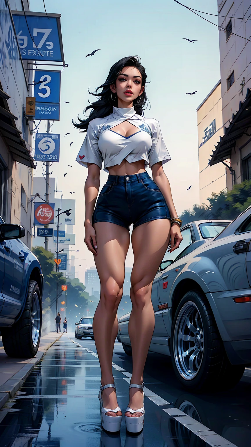 (high quality, best rendering), (beautiful girl), black hair(bombshell, pin-up style), psychopath, crazy face, sexy pose, jean short shorts, tank top, pastel, centered, scale to fit dimensions, micro thong, micro bikini, camel toe