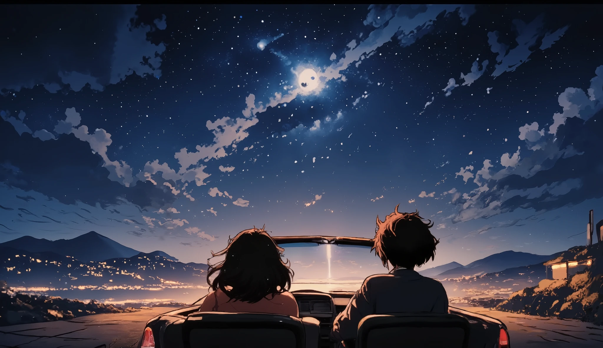 Ghibli anime style couple, a man with curly hair and a woman with short wavy black hair 、満月の夜にメルセデスに乗って海岸から海と月が綺麗な景色を楽しそうに coupleで眺めている 海岸に車を停めて carから海と夜空を眺める couple car