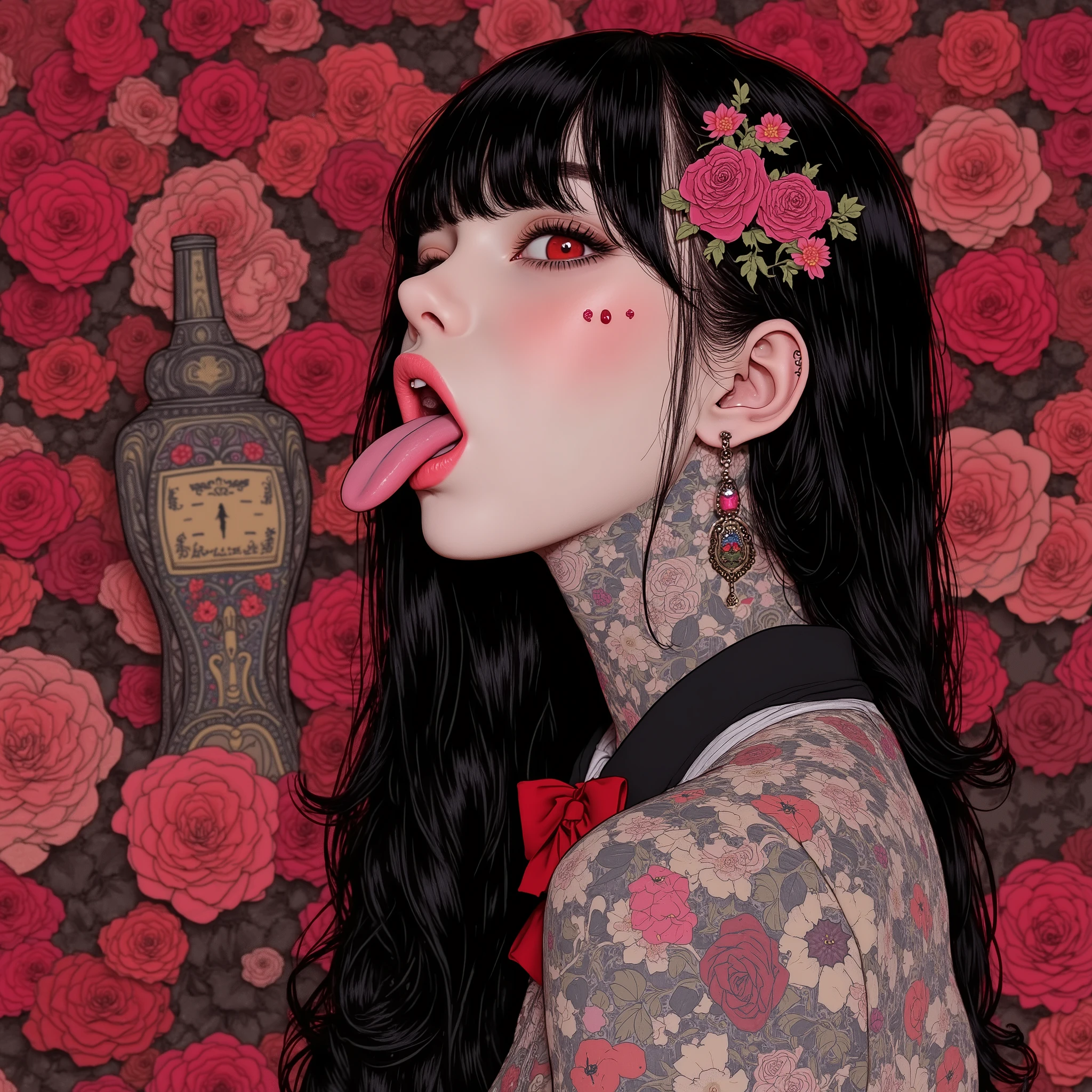 beautiful detailed eyes,Highest Image Quality,best quality ,Ultra-high definition,2.5d image,detailed face, beautiful face ,upper body,looking at viewer,(open mouth,tongue out:1.5),(japanse traditional tattoo,irezumifull traditional Japanese back tattoo,)show tattoo,depression,woman,turime,one eye closed,black hair,red cheeks,pink lips,long straight hair ,Bob,hime cut, long hair, mole, mole under mouth,Japanese high school black sailor uniform with mini black skirt, red ribbon,punk girl,short sleeve,side view,japanese background, ,exquisite digital illustration,CreepyCute
