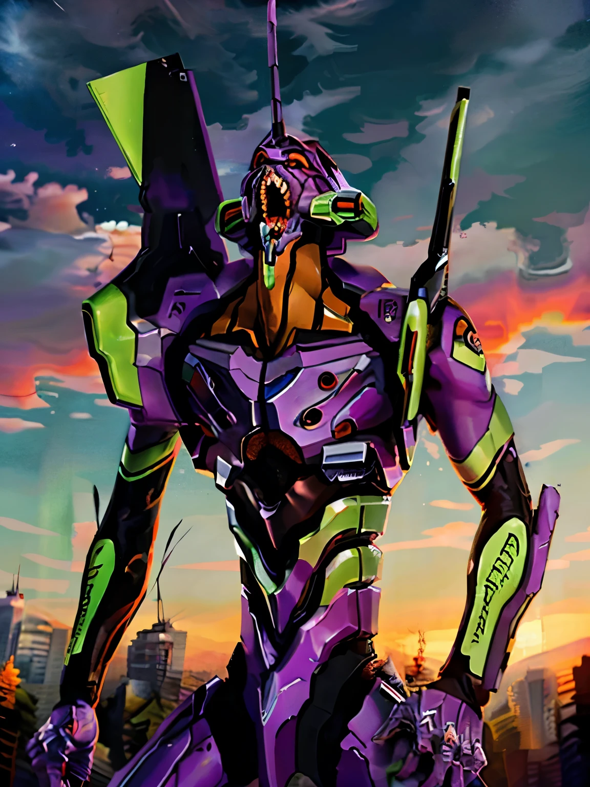 Eva01), (Eva初号機), by Nomi, Eva, evangelion mecha by Nomi, SF, stares at the audience , ( Official Art, Mejor calidad , masterpiece: 1.2), High Definition , background, 8K HDR,(Extremely biological ),( has a pro knife ),( see a beautiful abstract background {x} smooth body surface like a living thing ),( A futuristic city with few bullets and beautiful organic stuff ),( head is the first unit ),( Organic giant ), full body portrait in front of ,(Broad shoulders),( musculoskeletal 々),( with a bent back ),( Saturn Stance ),( can see internal teeth when opening the mouth ),( Beautiful Sunset ),( Extremely Wide Shouldered ),(The 200-meter-tall giant ), Unicorn、( body like a bodybuilder )