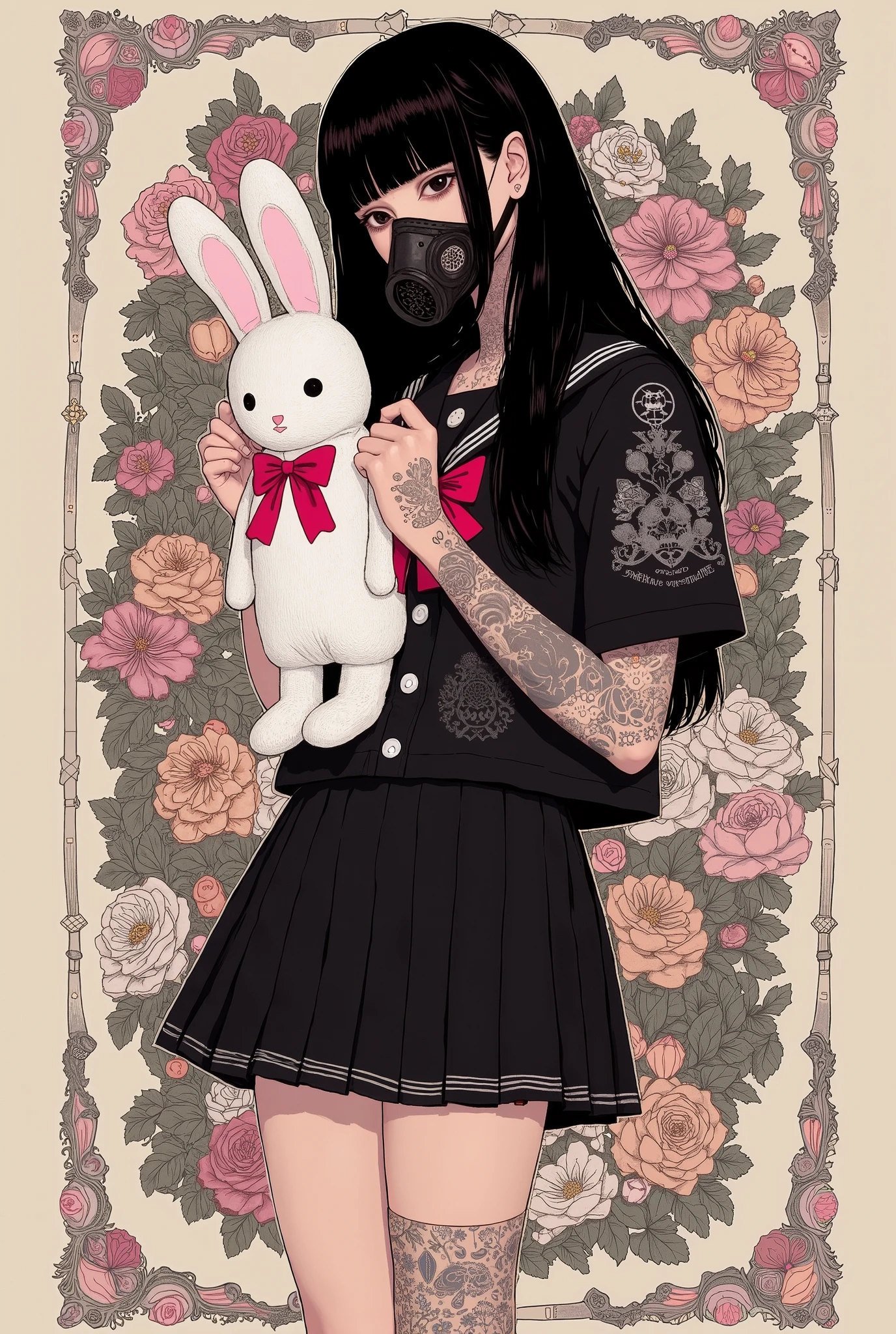 beautiful detailed eyes,Highest Image Quality,best quality ,Ultra-high definition,2.5d image,detailed face, beautiful face ,(standing,hands holding creepy stuffed rabbit),fullbody shot,(japanse traditional tattoo,irezumifull traditional Japanese back tattoo,)show tattoo,depression,1 girl,turime,((wearing black gas mask,fullface gus mask,S10_Gas_Mask)),black hair,long straight hair ,Bob,hime cut, long hair,Japanese high school black sailor uniform with mini black skirt, red ribbon,punk girl,short sleeve,(bandaged arm,bandaged leg,)flower background, ,exquisite digital illustration,CreepyCute